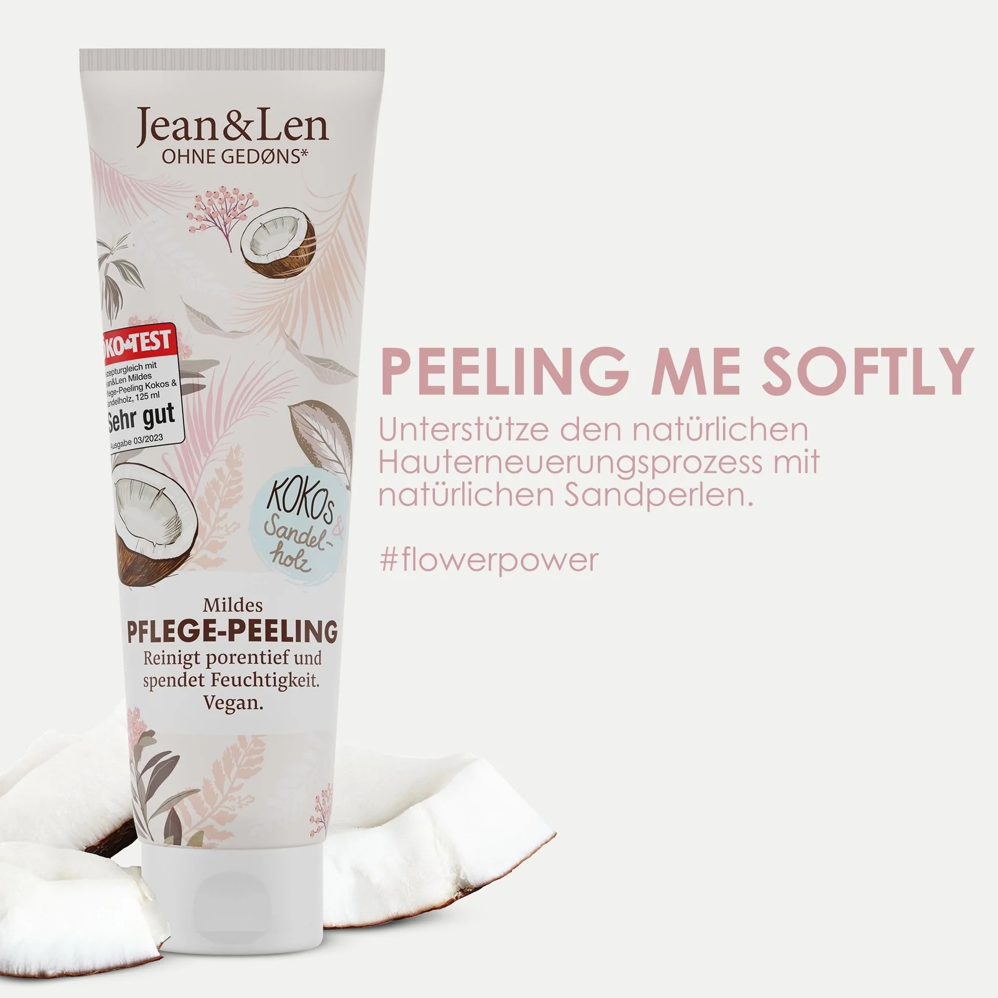 Jean & Len Kremowy peeling pod prysznic, drewno kokosowe i sandałowe, głęboko oczyszcza pory i odżywia skórę, z naturalnymi perłami piaskowymi, peeling do ciała, bez parabenów i silikonów, wegański,