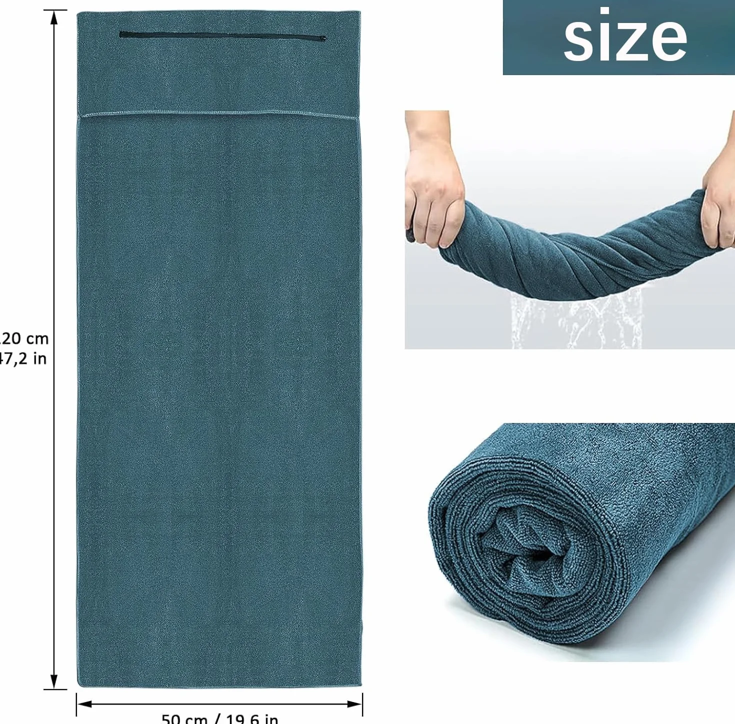 Ręcznik sportowy, fitness z kieszenią na zamek błyskawiczny, 120 x 50 cm, do studia fitness i treningu, do uprawiania sportu, niebieski
