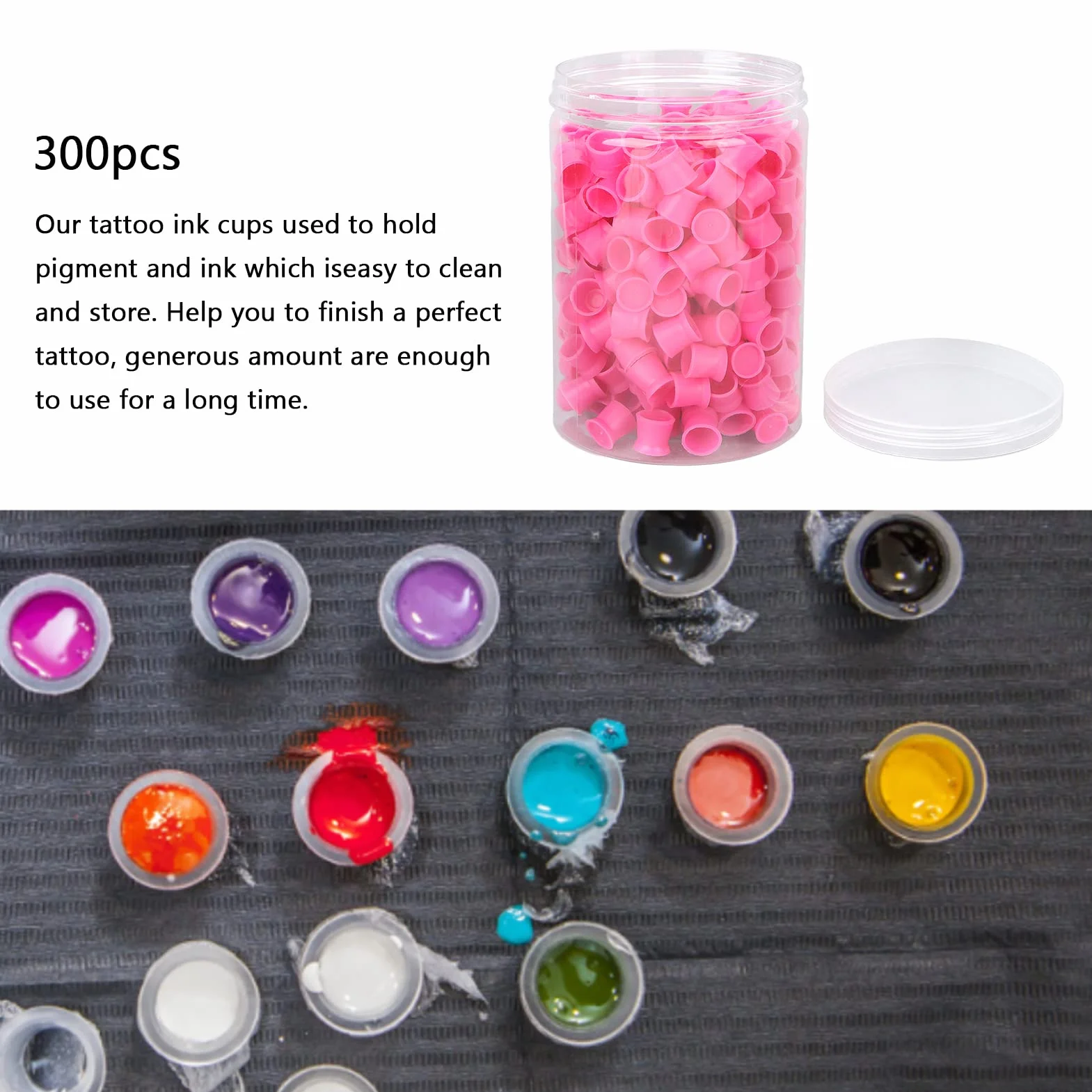 Tattoo Ink Caps Cups - Mixed 300PCS Jednorazowe Nasadki z Atramentem Pigmentowym w 12MM Tattoo Cups Caps Silikonowe Nasadki z Atramentem Pigmentowym do Materiałów Eksploatacyjnych (różowe)