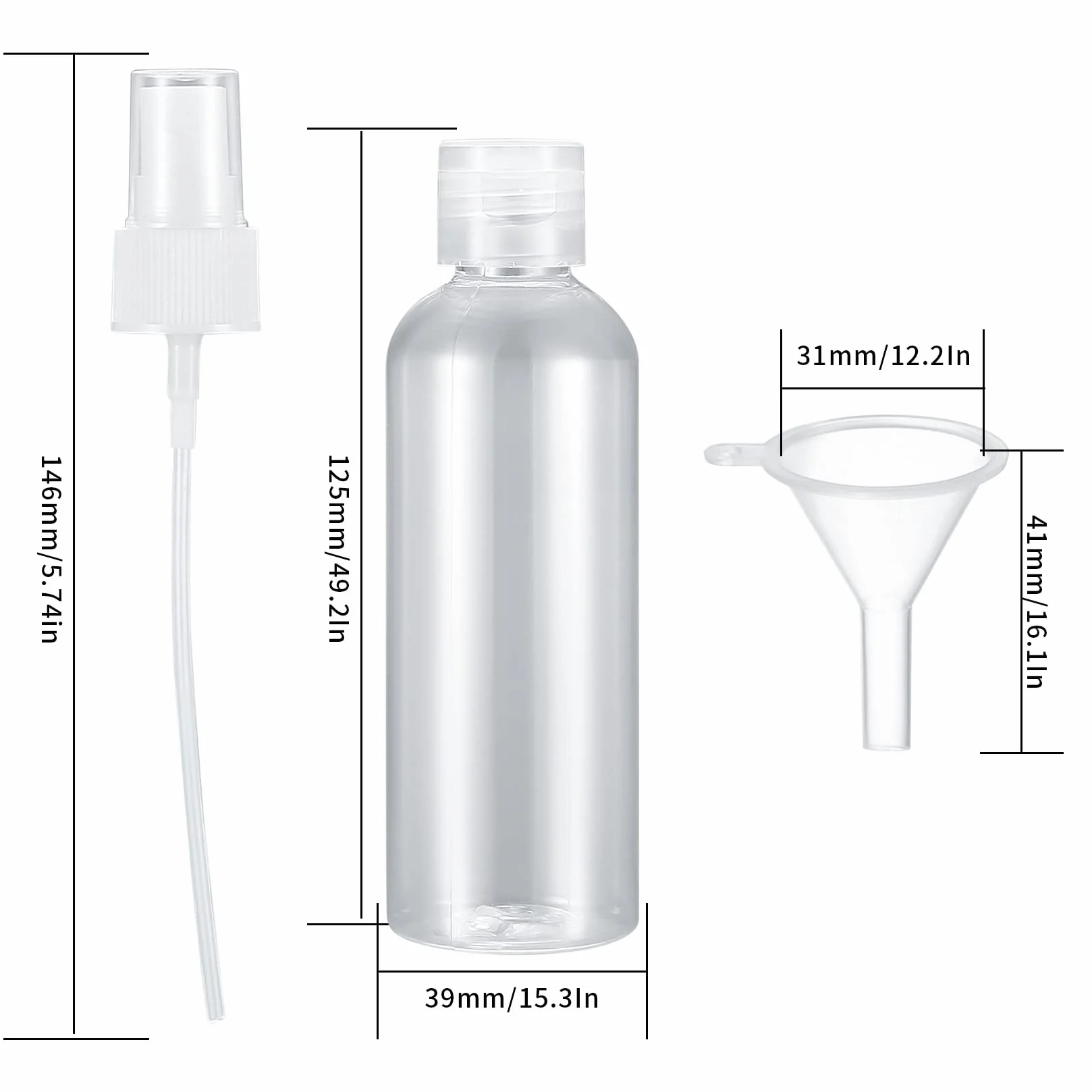 Zestaw podróżnych butelek 100ml plastikowe z 2 dyszami i 2 lejkami