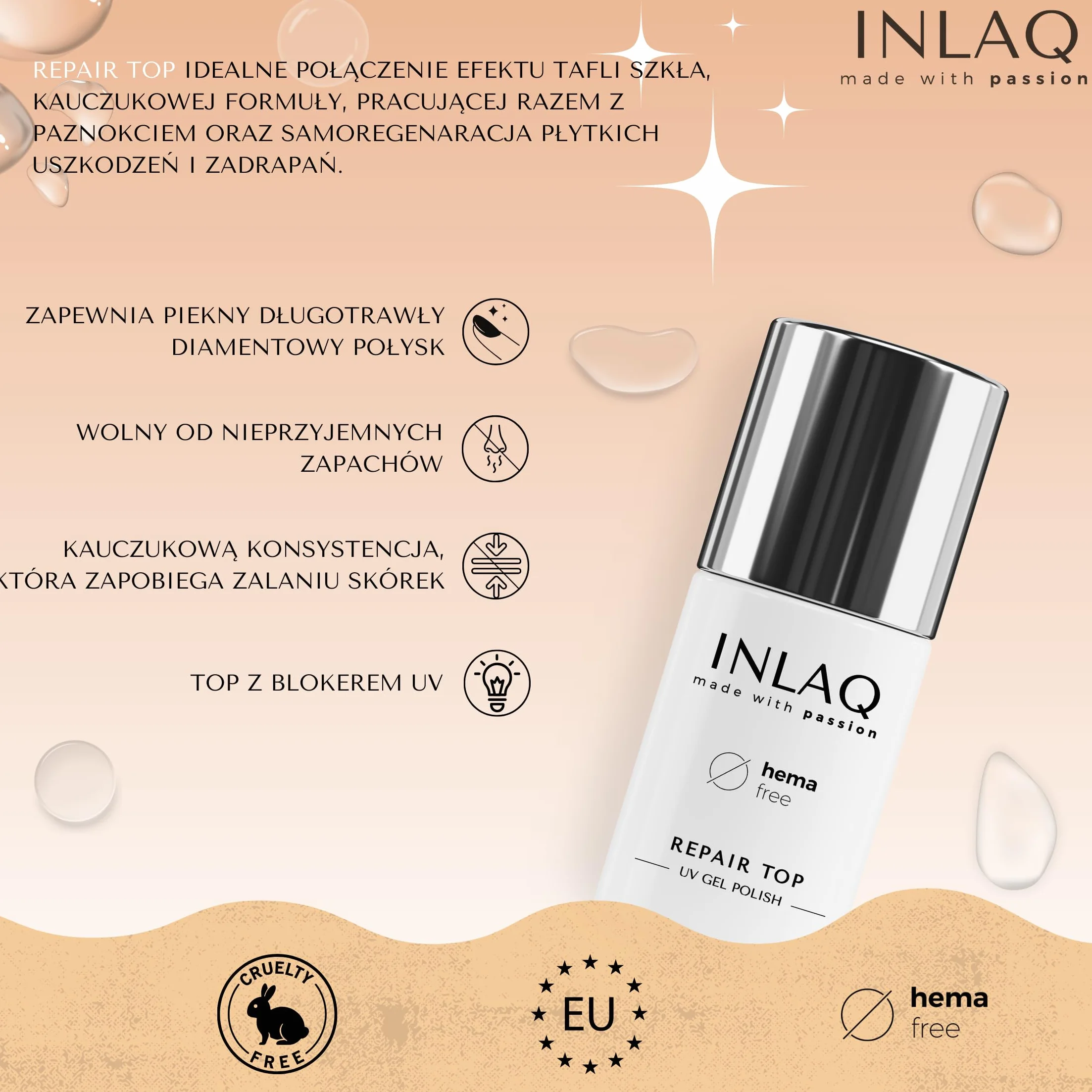 INLAQ HEMA Free Repair Top 6 ml - Top Coat UV Gel naprawczy do paznokci