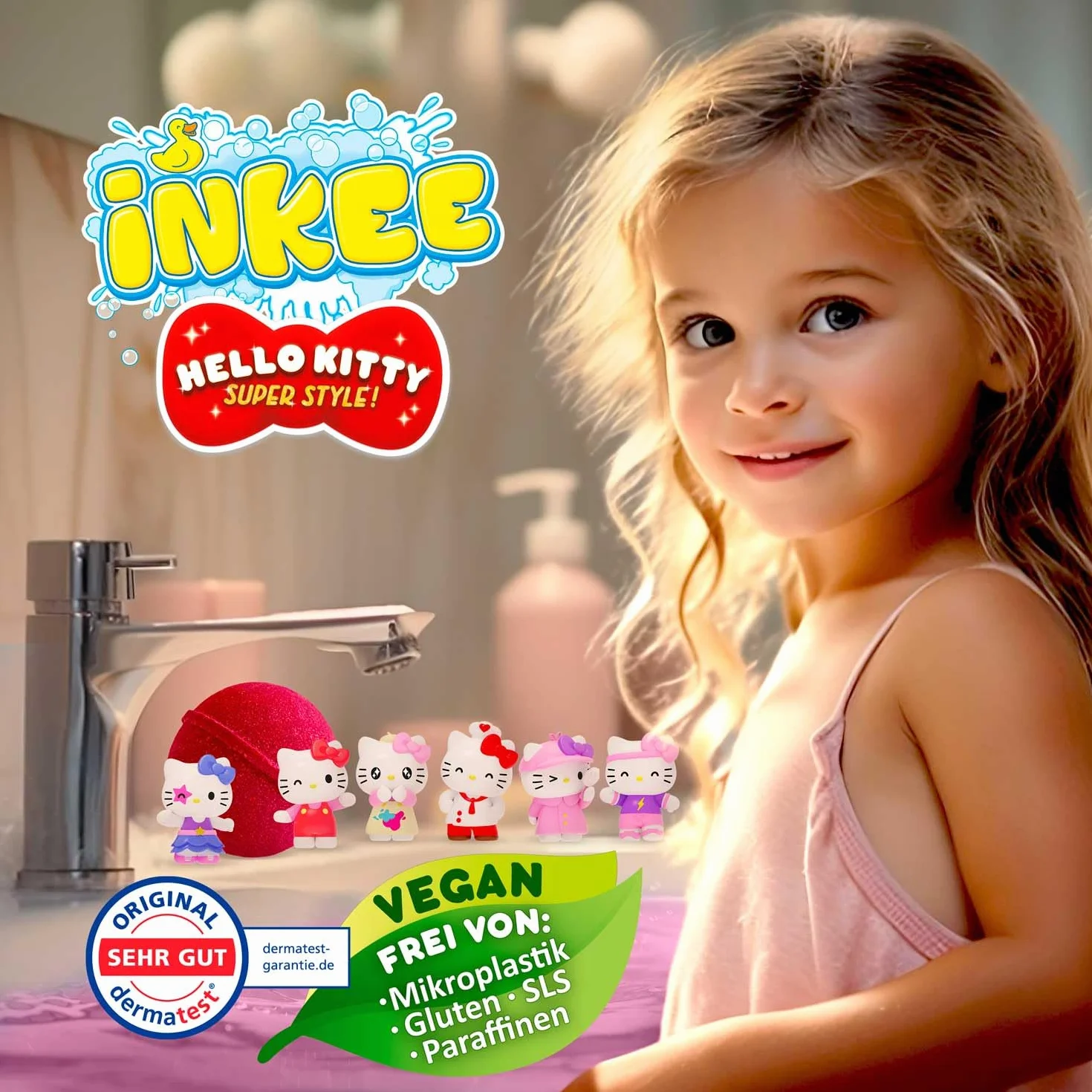 INKEE Hello Kitty – Bomba do Kąpieli dla Dzieci z Niespodzianką – 1 z 6 Figurek Hello Kitty do Zebrania – Kula do Kąpieli 80g z Aromatem Arbuza i Olejem Jojoba, Różowa lub Czerwona