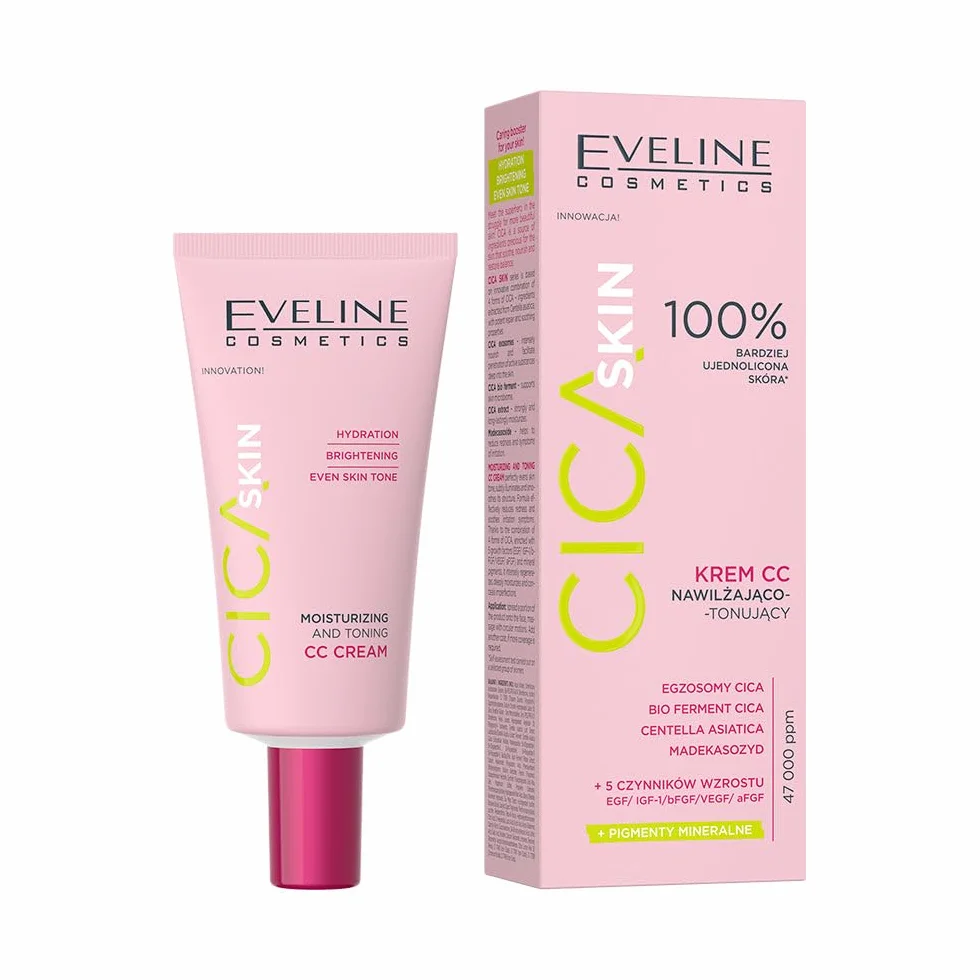 Eveline Cosmetics Cica Skin CC krem nawilżający i tonizujący, wegańska formuła, redukuje zaczerwienienia, wygładza i regeneruje, 50 ml