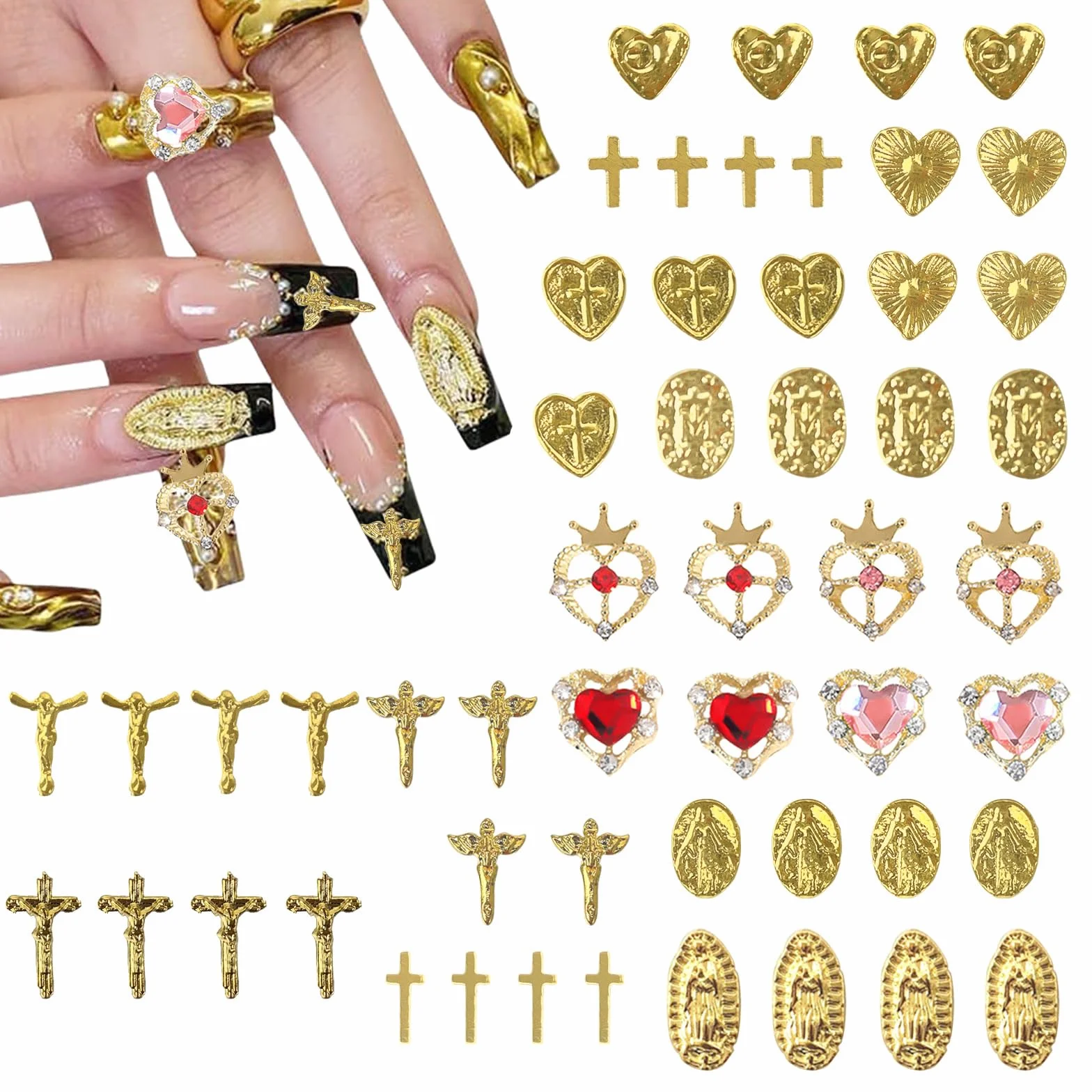 52 sztuki złotych zawieszek 3D na paznokcie, wysokiej jakości zdobienia paznokci, ekskluzywne z kamieniami strasu dla luksusowego manicure