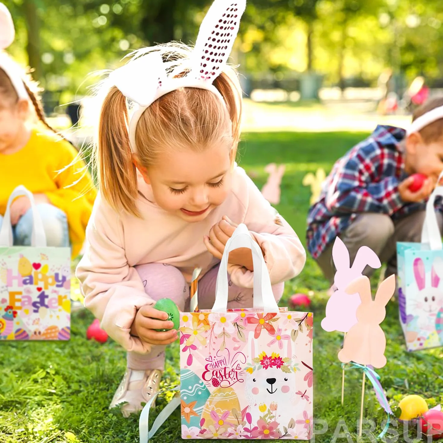 12 szt. Happy Easter Egg Hunt, różne rozmiary, króliczek, marchewka, kurczak, jajko, torebki na prezenty, torby na smakołyki, nietkane torby wielkanocne do pakowania prezentów, polowanie na jajka,
