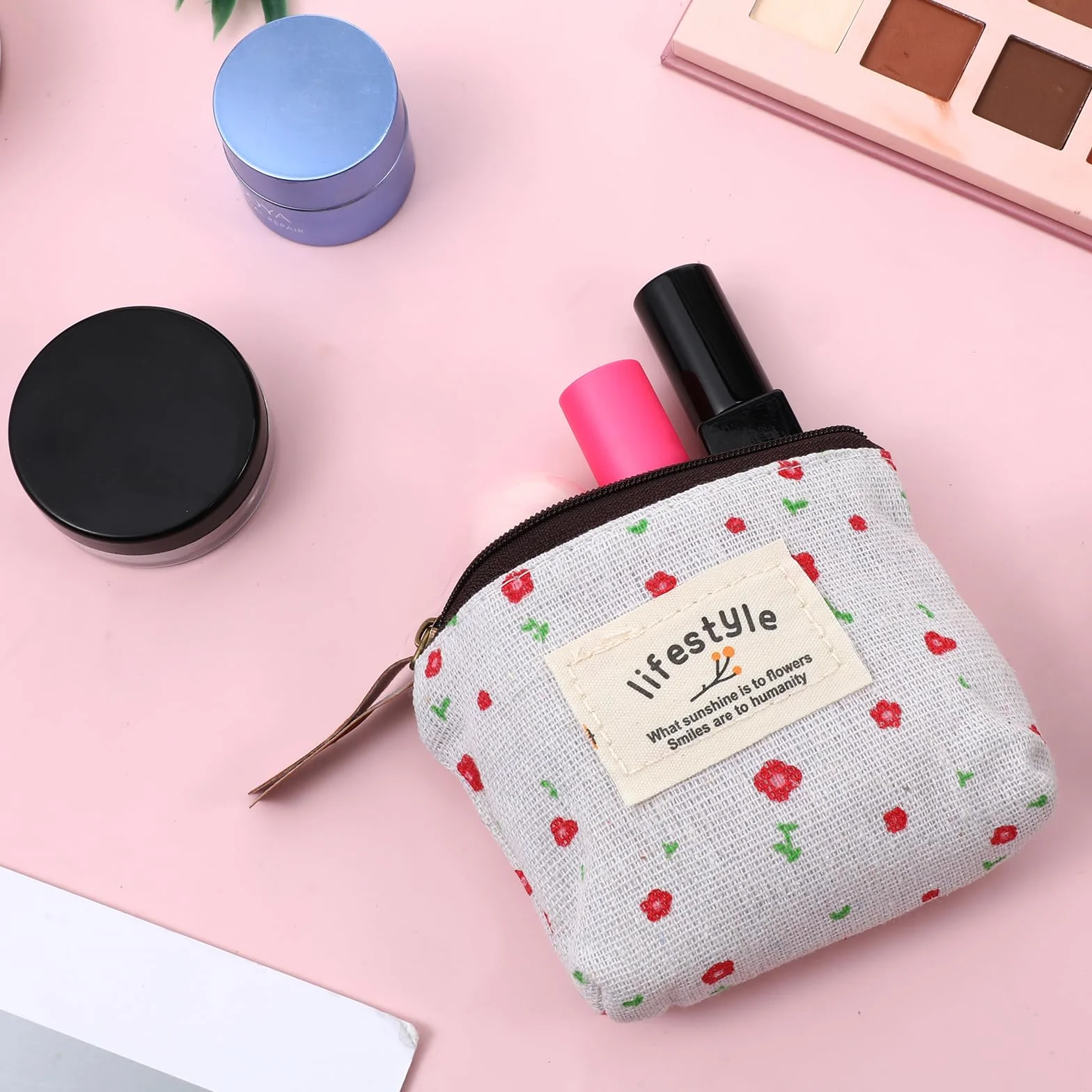 Mini kosmetyczka lniana kwiatowa do torebki przenośna na zamek