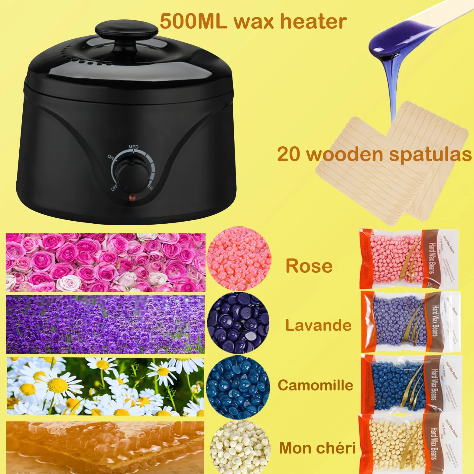 Maszyna do depilacji wosku, zestaw do depilacji wosku, urządzenie do woskowania, urządzenie do woskowania, zestaw 4 x 100 g wosku, 20 drewnianych szpatułek, pod pachy, nogi (czarne)