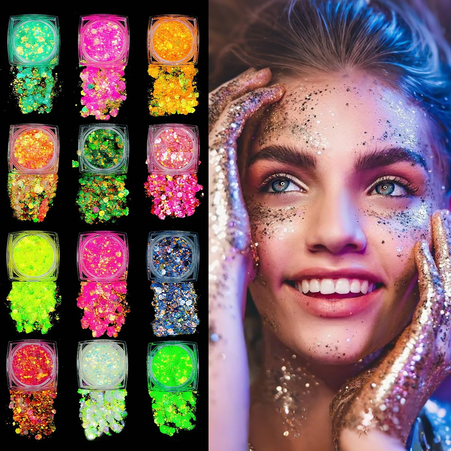 AOOWU Festiwal brokatowa twarz 12 kolorów fluorescencyjny brokat żel do ciała akcesoria festiwalowe Halloween karnawał