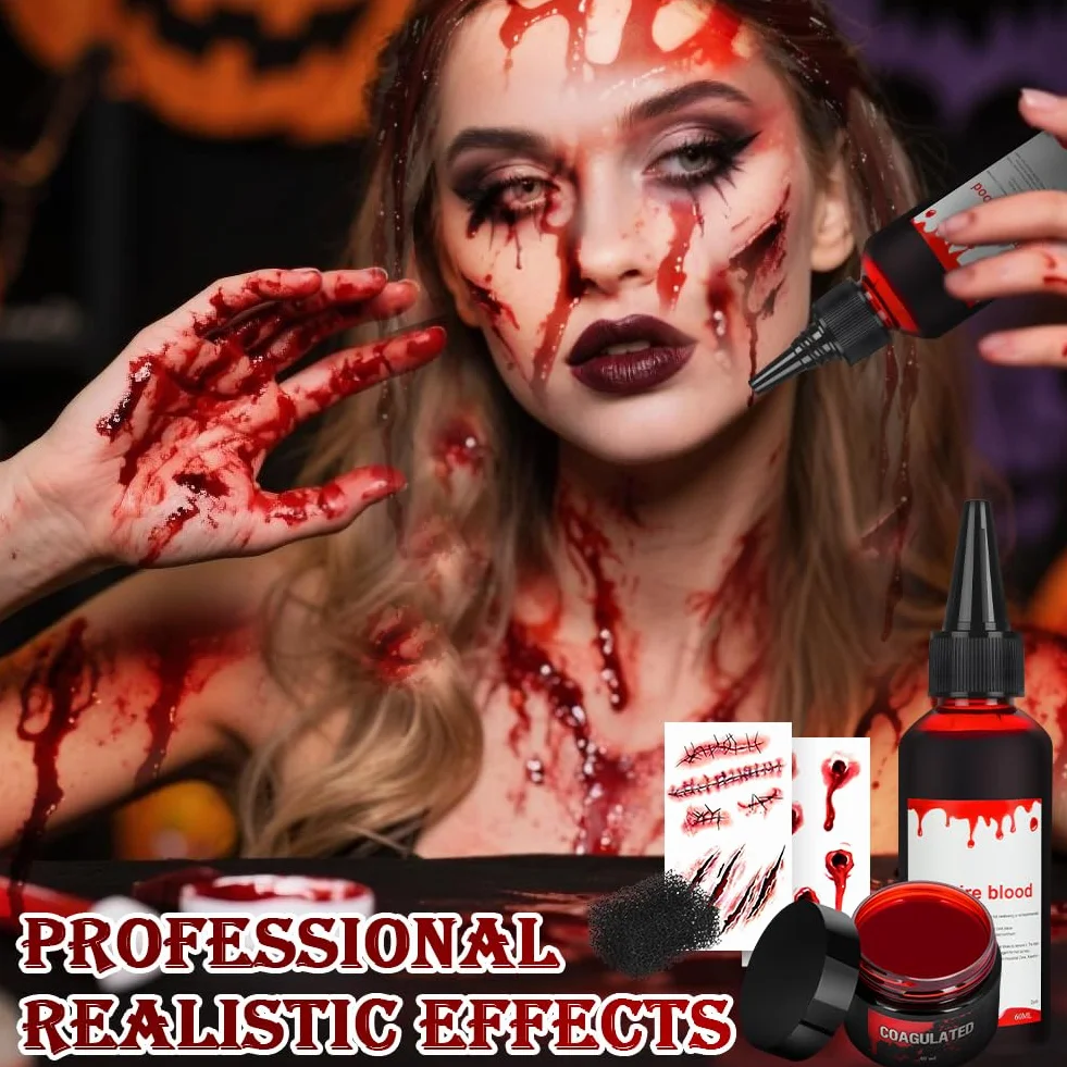 Sztuczna krew makijaż Halloween zestaw 6 sztuk 2×60ml Kapiąca 50ml Zakrzepła plazma krwi Gąbka stipple 2×Zszyte blizny tatuaże Fake Blood realistyczna SFX
