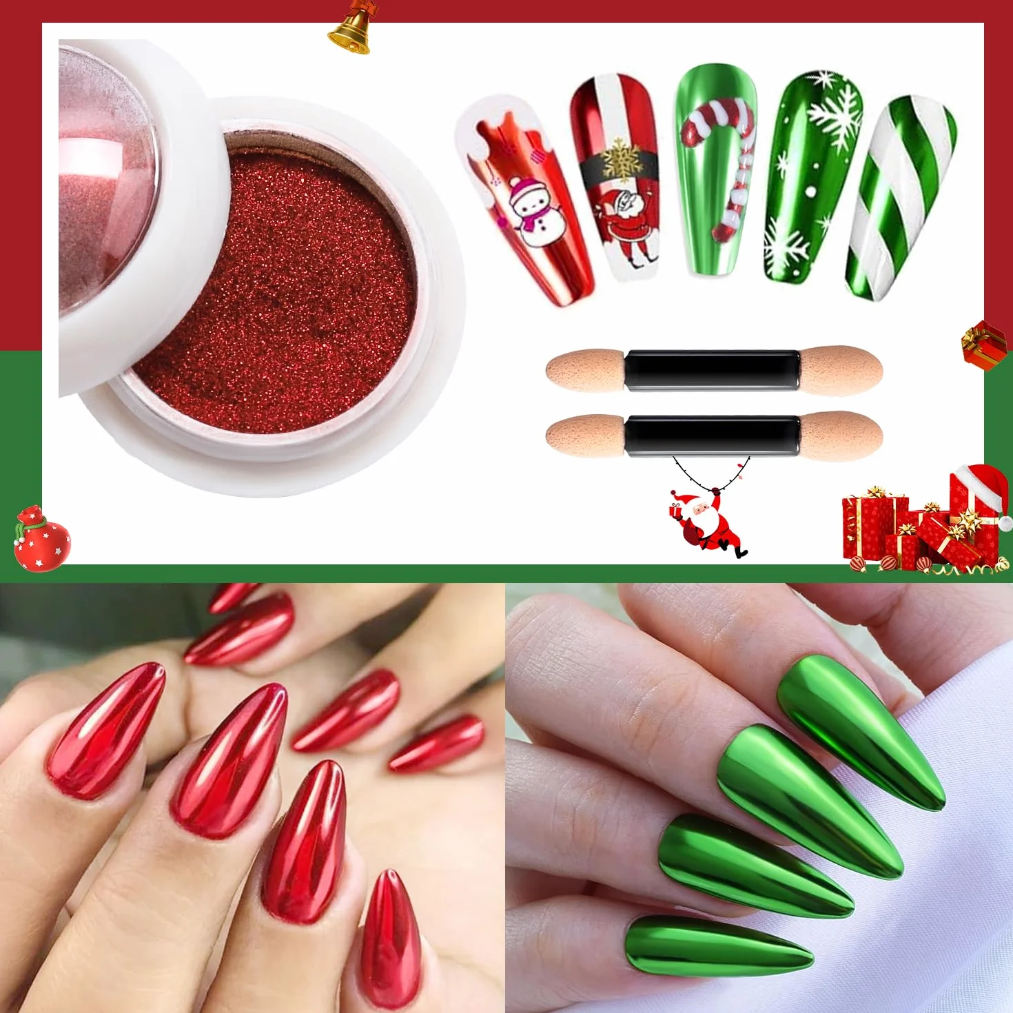 Proszek do paznokci Chrome - efekt lustrzany 2 kolory Chrome proszek do paznokci Czerwony Zielony, proszek do paznokci z metalicznym połyskiem Chrome proszek do paznokci Chrome pigment