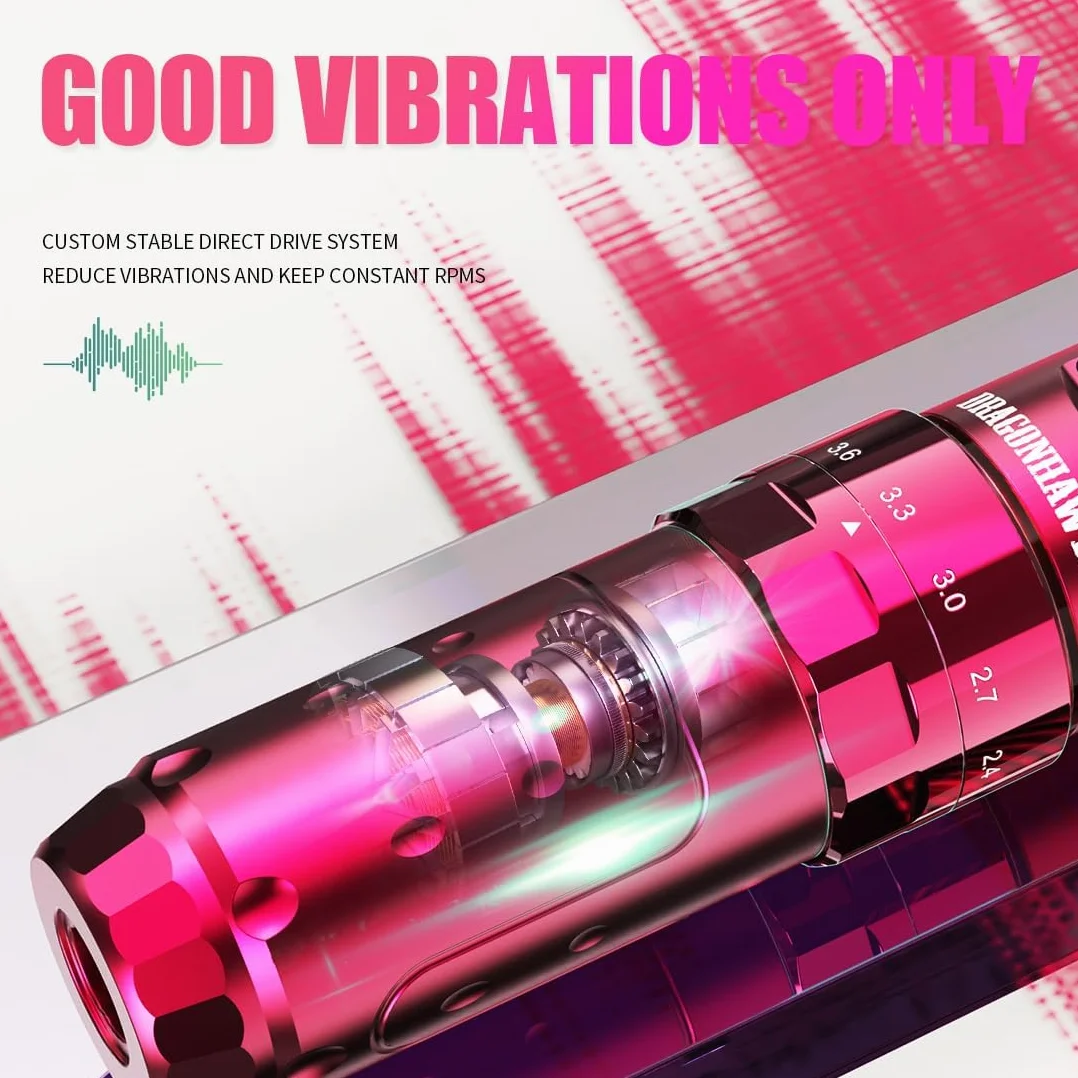 Dragonhawk L3 Tattoo Kit Cordless Cord Complete Tattoo Gun Pen Machine 7 Strokes Length 2 Batteries 2000mAh Power Supply with Rca Jack Pro Tattoo Needles for Beginner Pink