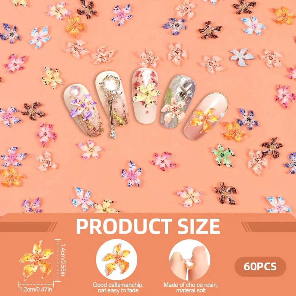 Vicloon Zestaw artystycznych zawieszek do paznokci 60 szt. kwiatowe 3D żywiczne stras DIY manicure