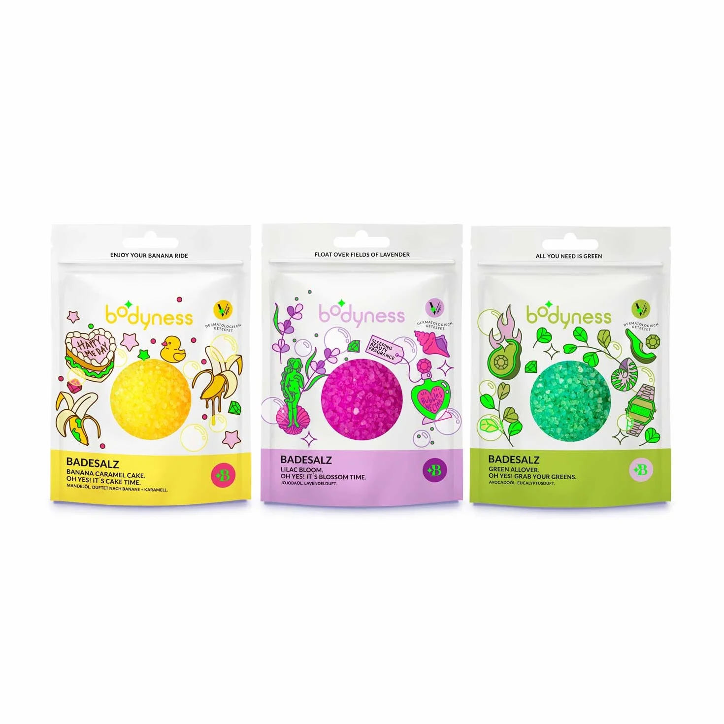 Bodyness Bath Salts – 160 g soli do kąpieli w 3 różnych kolorach i zapachach, dodatek do kąpieli relaksacyjnej
