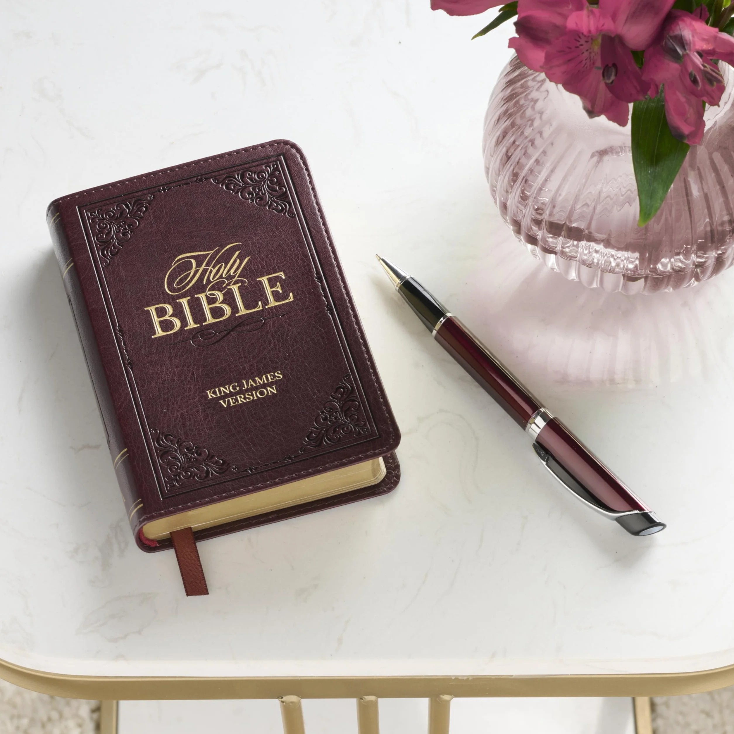 KJV Holy Bible, Mini Pocket Size, Faux Leather Red Letter Edition - Ribbon Marker, King James Version, Burgundy