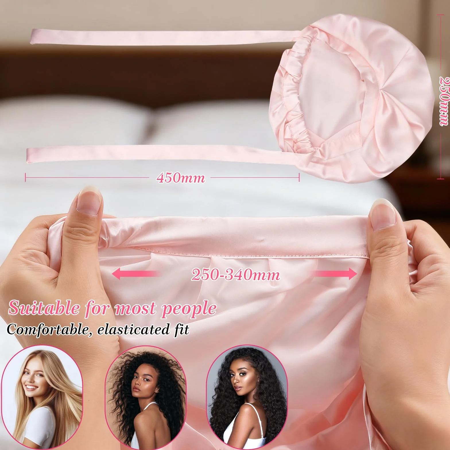 Jedwabny czepek do spania, 100% jedwab morwowy, regulowana, miękka czapka do spania Bonnet jedwabna do kręconych i prostych włosów, Rosa, Rozmiar uniwersalny