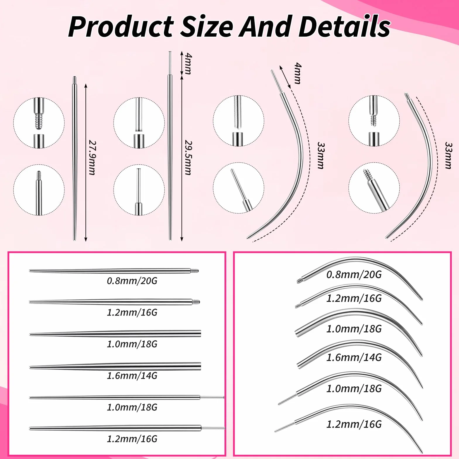 13 szt. narzędzie do piercingu kulkowego 14G, 16G, 18G, 20G, aplikator do kolczyków ze stali nierdzewnej, z gwintowanym i bezgwintowanym trzpieniem do wkładania, zakrzywiony, wciskany, do piercingu