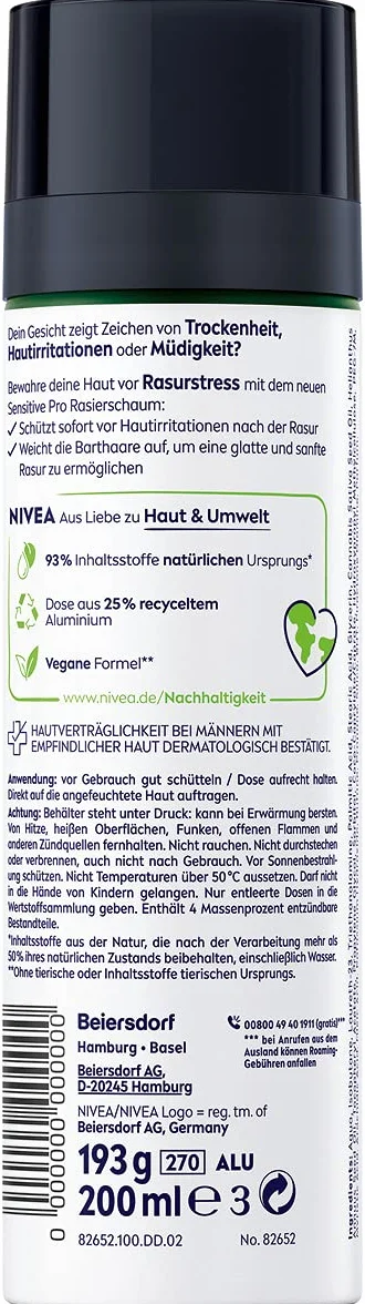 NIVEA MEN Sensitive Pro pianka do golenia (200 ml), delikatna pianka do golenia z olejkiem z nasion konopi i witaminą E, ochrona przed podrażnieniami skóry, zapewnia delikatne i gładkie golenie