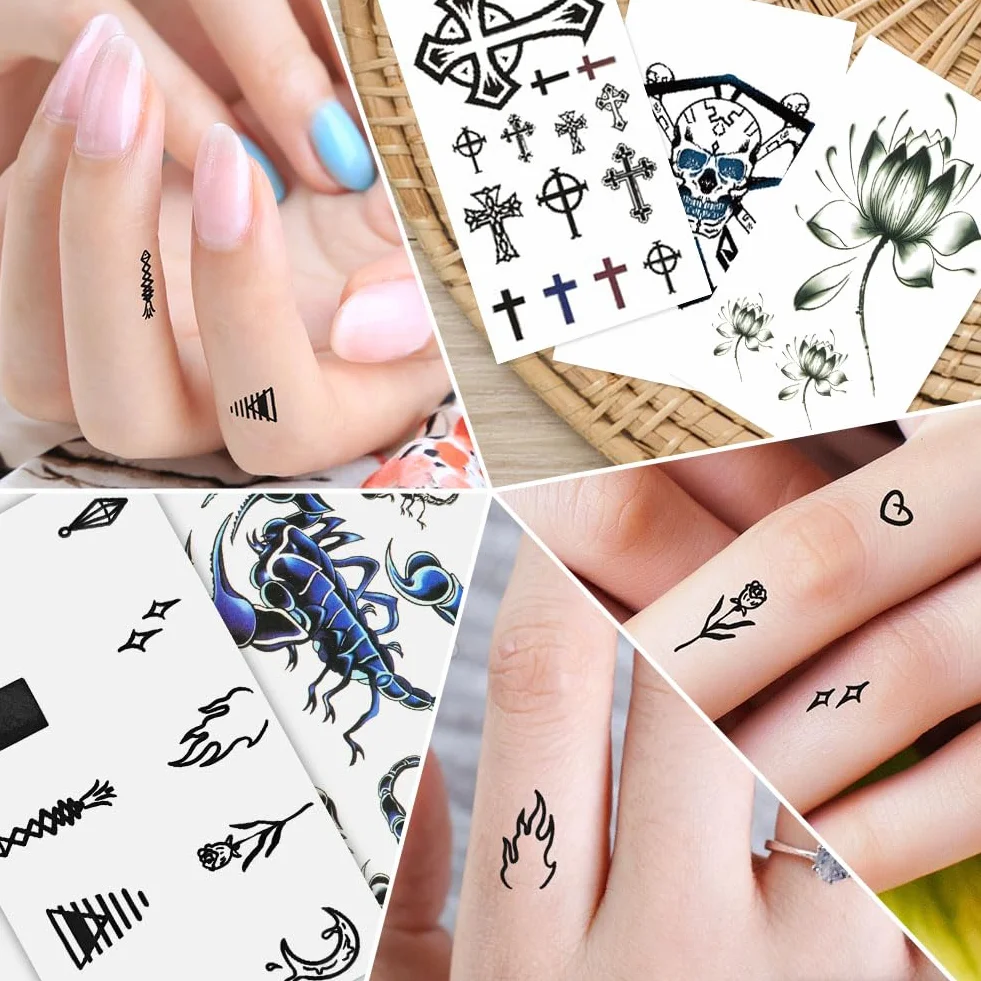 AOOWU Tymczasowe tatuaże, 60 arkuszy 3D, realistyczne symbole krzyża szkieletu, tatuaż, kwiat, naklejka, wodoodporne sztuczne tatuaże dla dzieci, dorosłych, mężczyzn i kobiet, czarny, mały, sztuczny