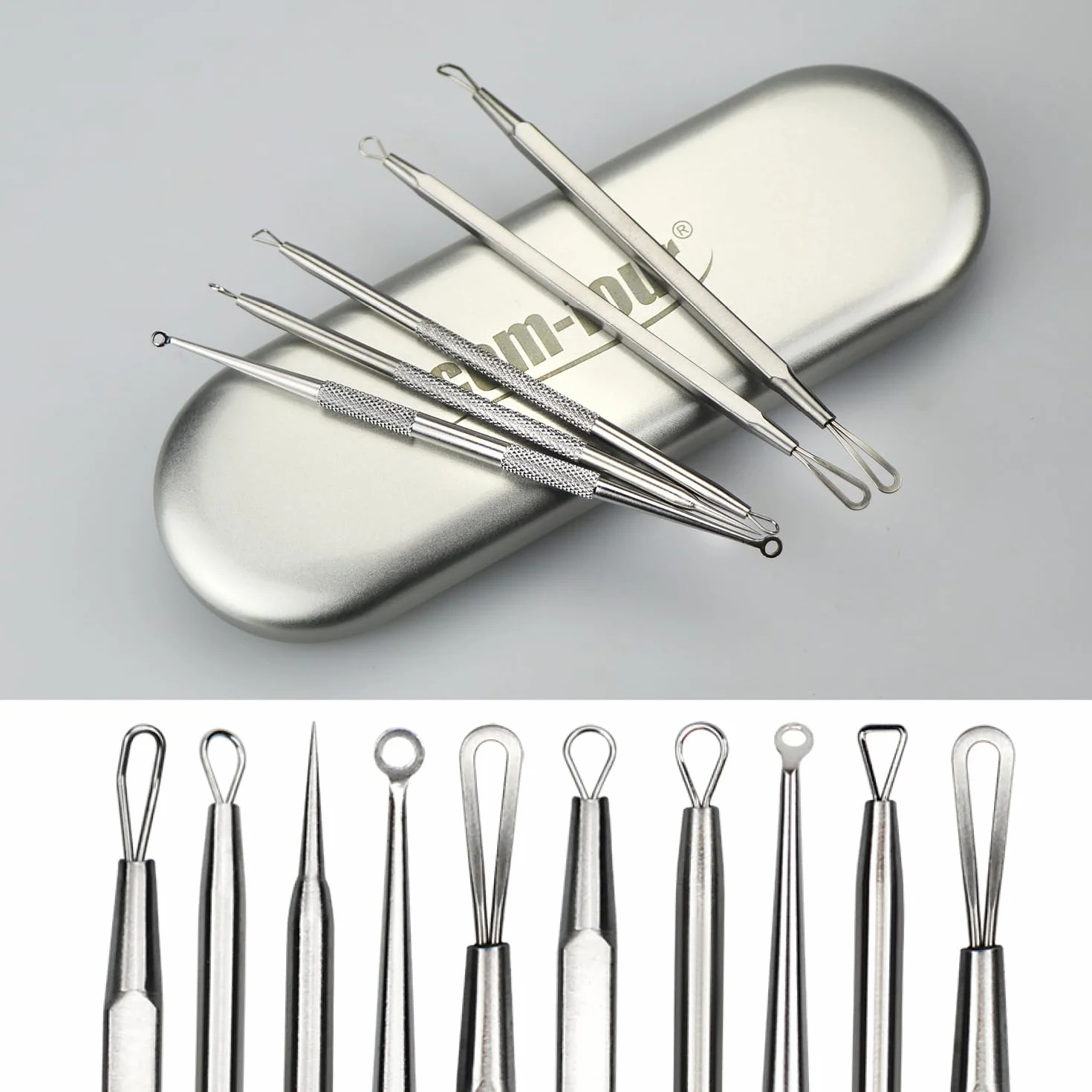com-four® Zestaw do Usuwania Zaskórników – 5-czesciowe Narzedzia ze Stali Nierdzewnej do Oczyszczania Twarzy, Blackhead Remover – Ekstraktor Komedonów, Wyprysków i Zanieczyszczen dla Czystej Skóry