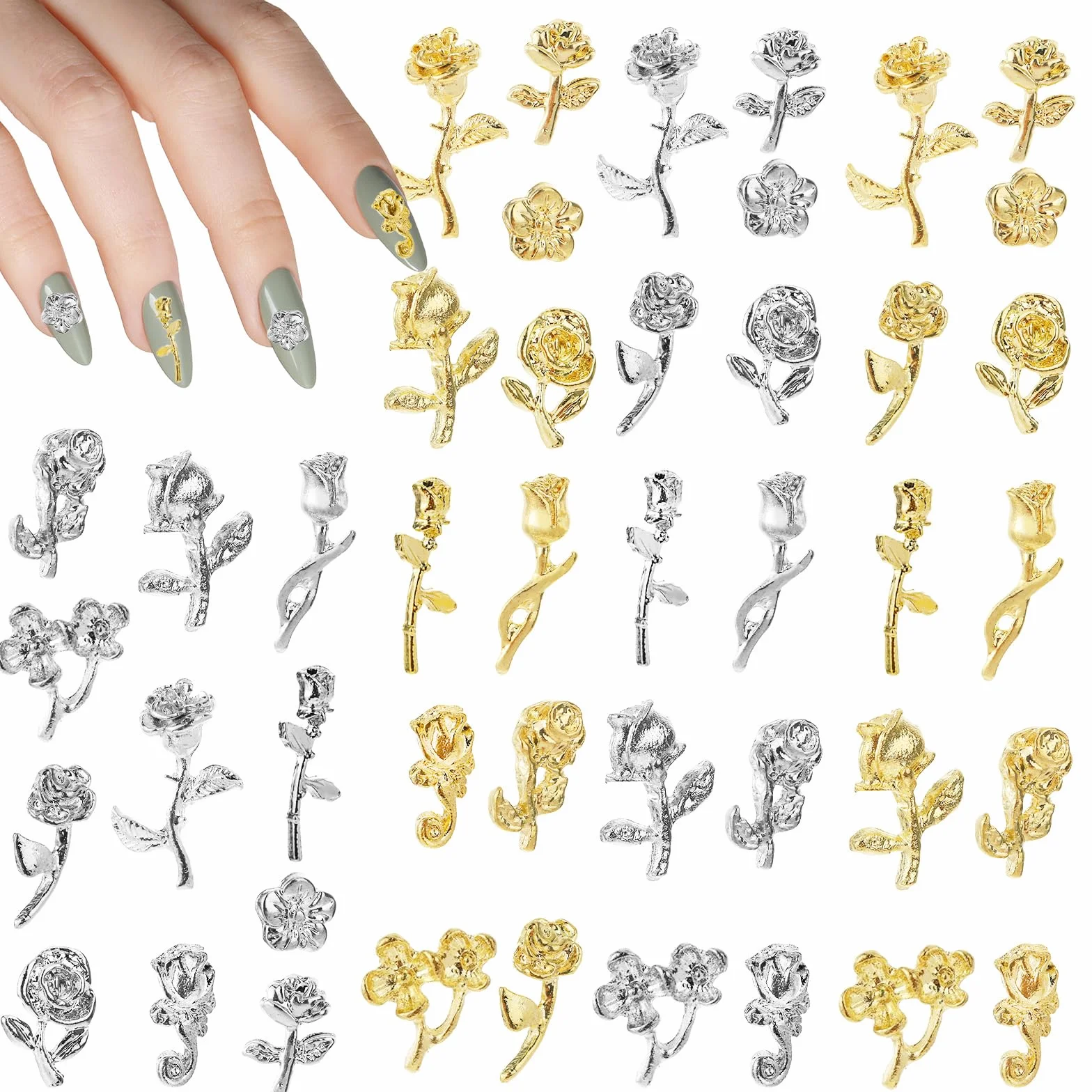 Giantree 44 sztuki zawieszek do paznokci w kształcie róż, 3D, zawieszki do paznokci, złote charmsy, akcesoria do paznokci, ozdoba paznokci, dekoracja paznokci dla kobiet i dziewcząt (złoto-srebrne)
