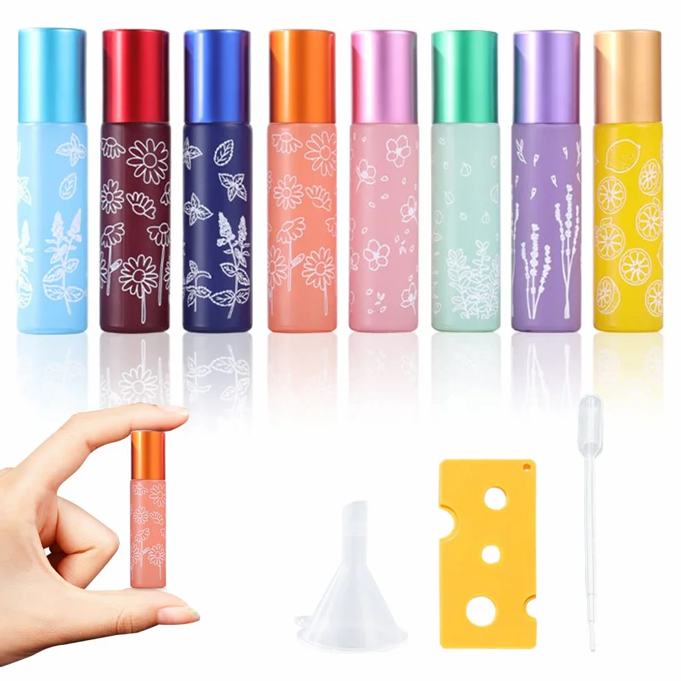 Szklane butelki z kulkami ze stali nierdzewnej 10 ml, zestaw 8 sztuk, przenośne, do olejków eterycznych