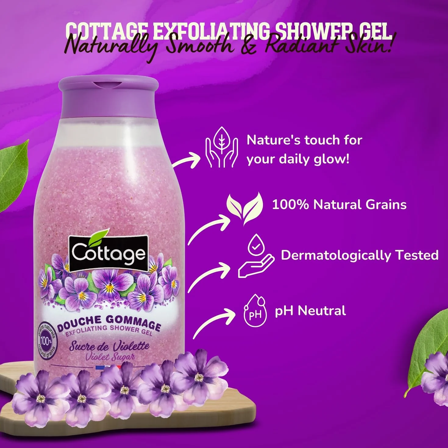 Cottage Peeling pod prysznic Fioletowy Cukier 100% Naturalne ziarna złuszczające