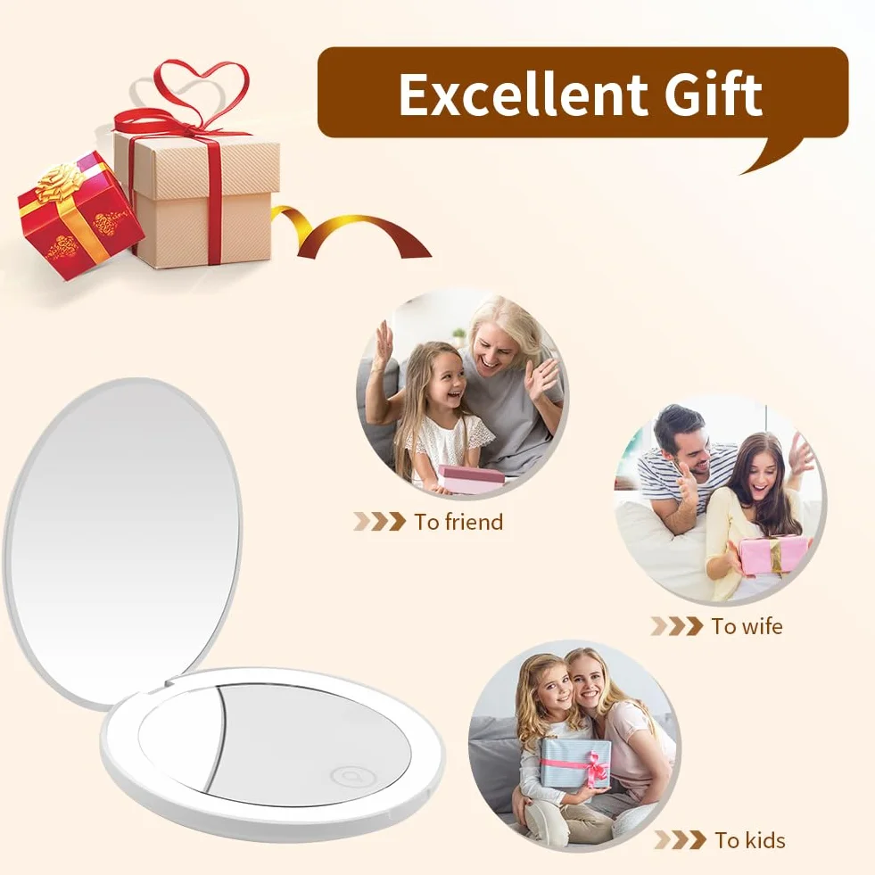Osdue Przenośne lusterko kieszonkowe LED, mini lusterko kieszonkowe z powiększeniem 1×/10×, dwustronne lusterko do makijażu, podręczne, dwustronne lusterko kosmetyczne, prezent dla dziewcząt, białe
