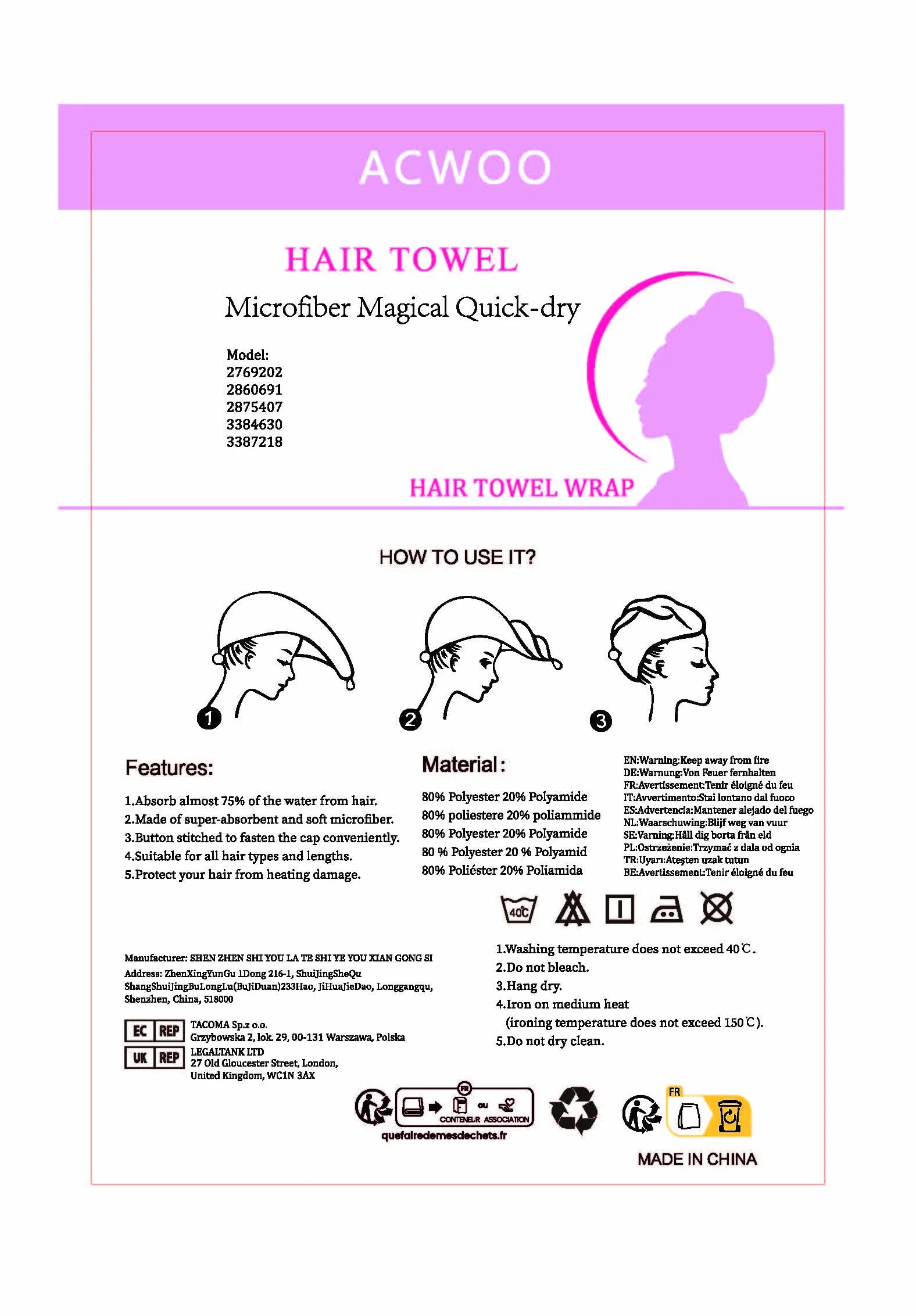 ACWOO Ręcznik Turban do Włosów z Mikrofibry 3 sztuki Szybkoschnący Różowy Szary Fioletowy