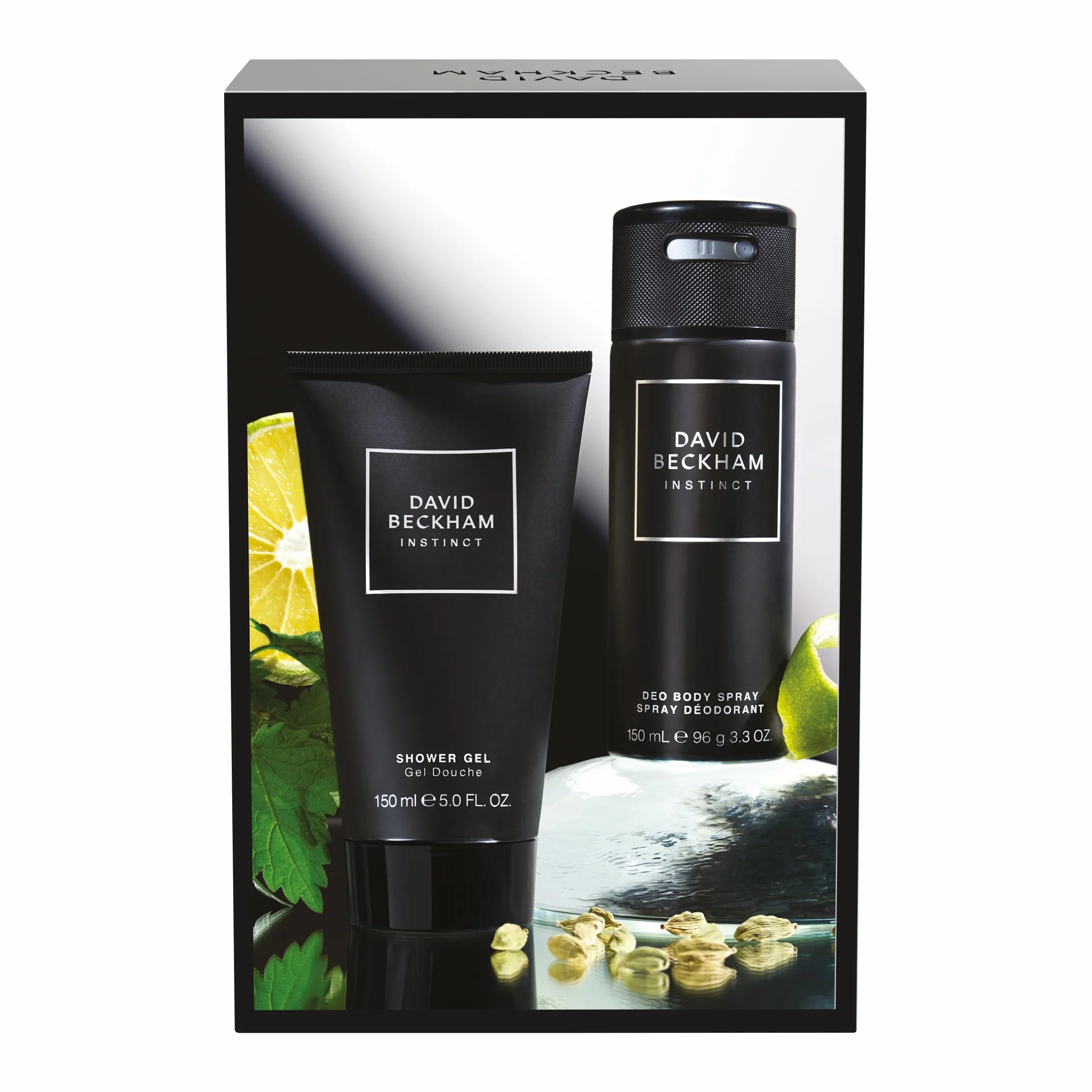 David Beckham Instinct dezodorant do ciała w sprayu i żel pod prysznic, zestaw upominkowy dla niego, urzekające perfumy cytrusowe Fougère, 150 ml i 150 ml