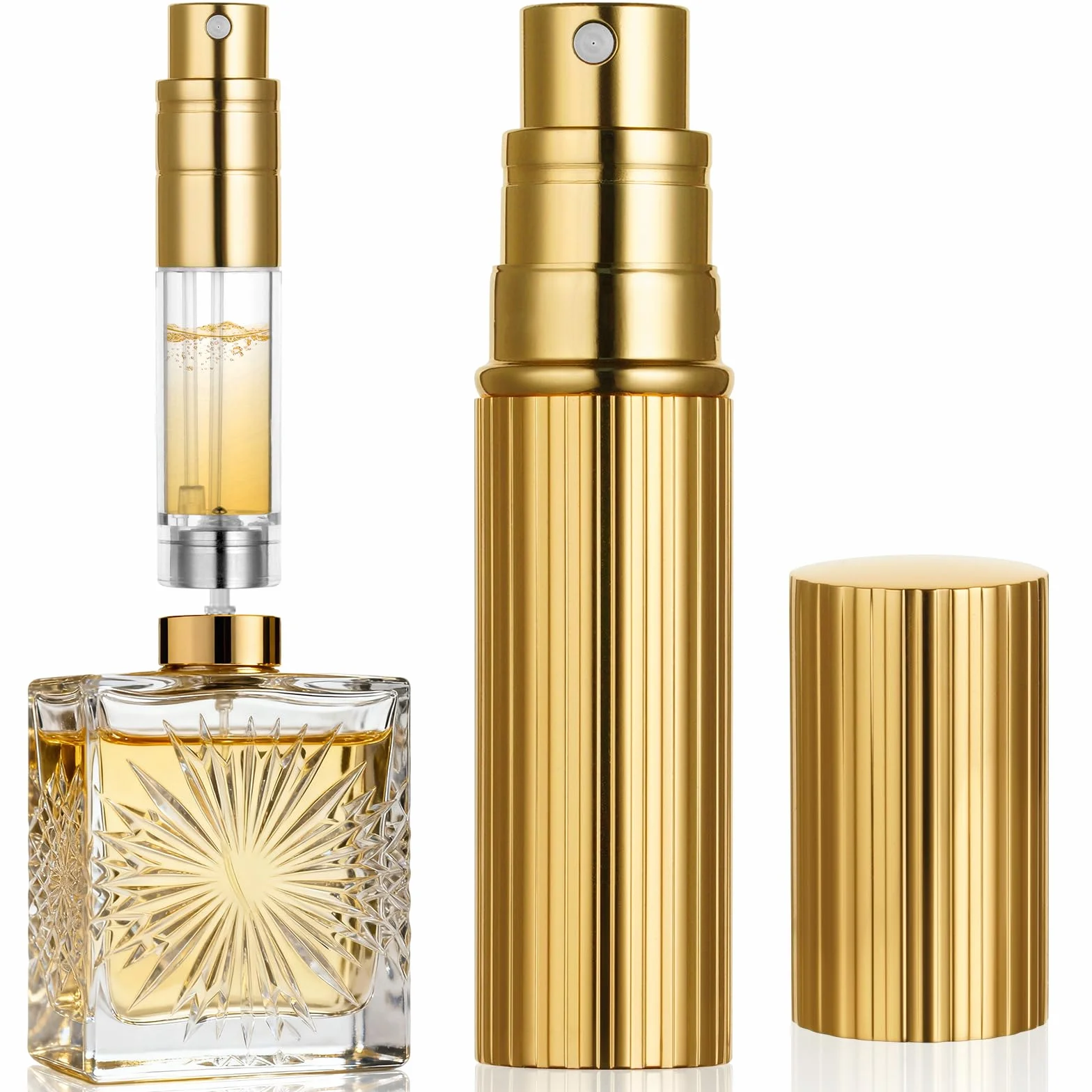 AUYAO Pusta butelka na perfumy, 5 ml, pusty rozpylacz, przenośna pusta butelka na perfumy, mini pusta butelka podróżna dla kobiet i mężczyzn, do torebki, (złota)