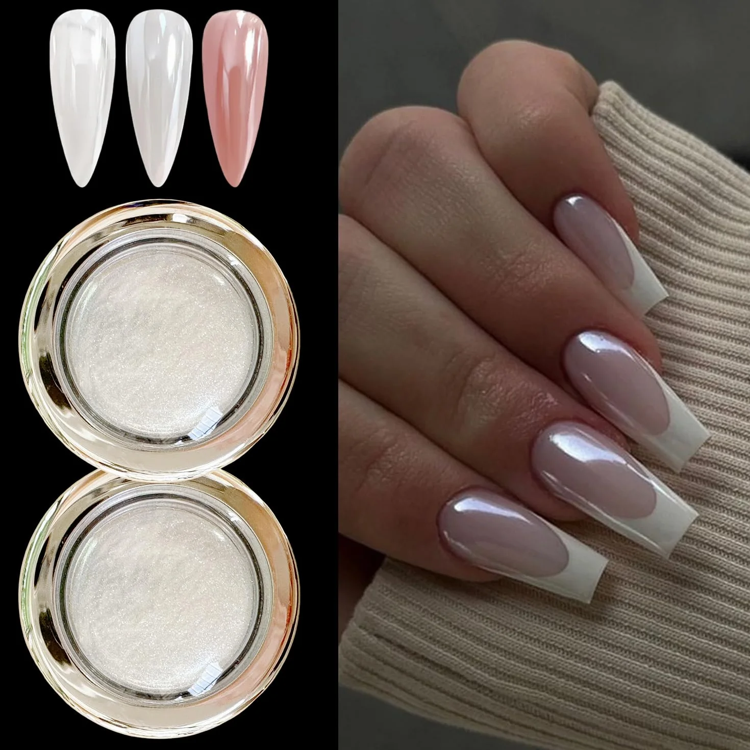 2 pudełka White Pearl Chrome Nail powder Transparentny Aurora Chrome Pigment dla nóg, lśniące glitter powders efekt lustrzany