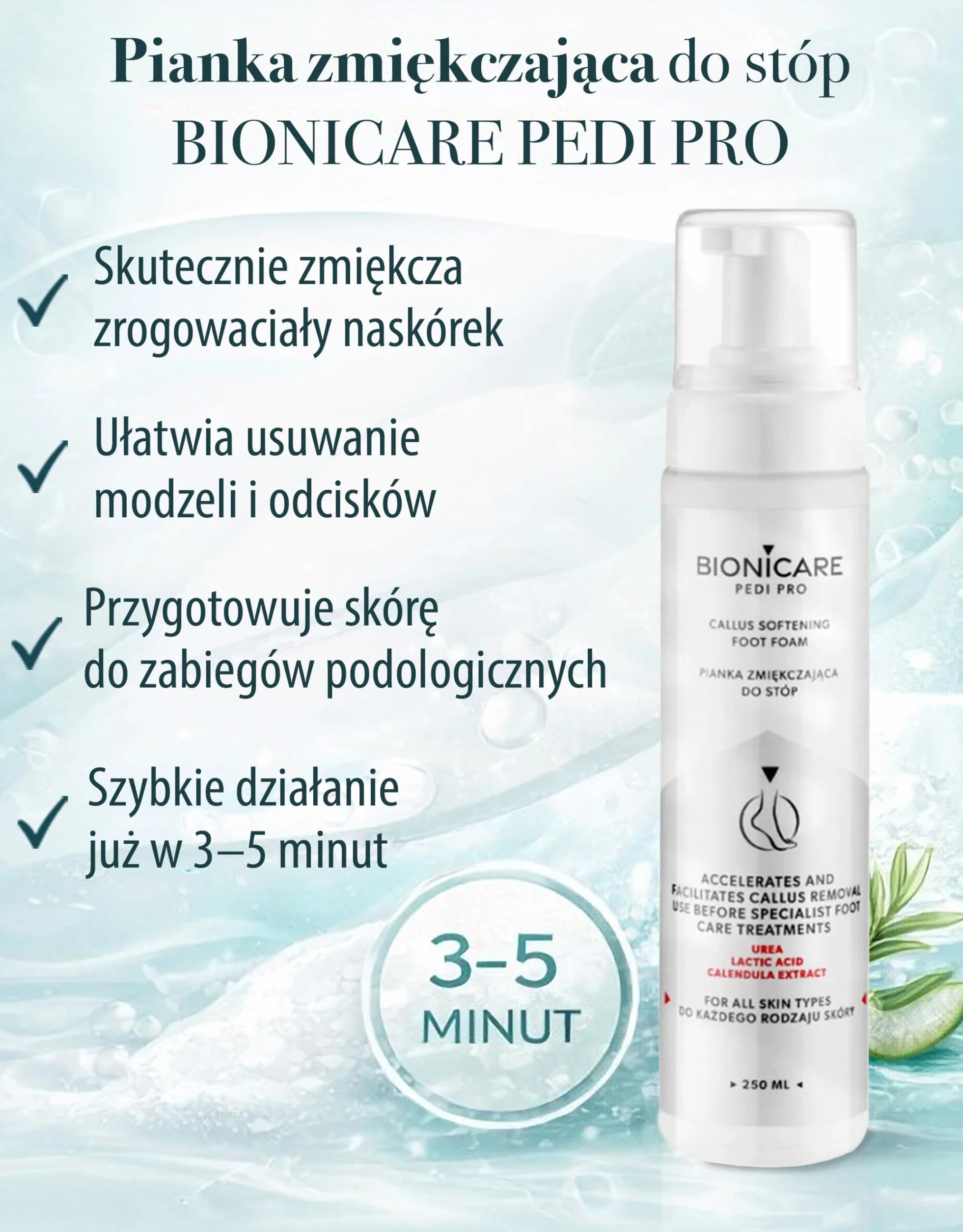 Pianka do Stóp z Mocznikiem 15% - Zmiękczanie Zrogowaceń & Przygotowanie do Zabiegów Pielęgnacyjnych Stóp - z Kwasem Mlekowym i Ekstraktem z Nagietka - 250 ml