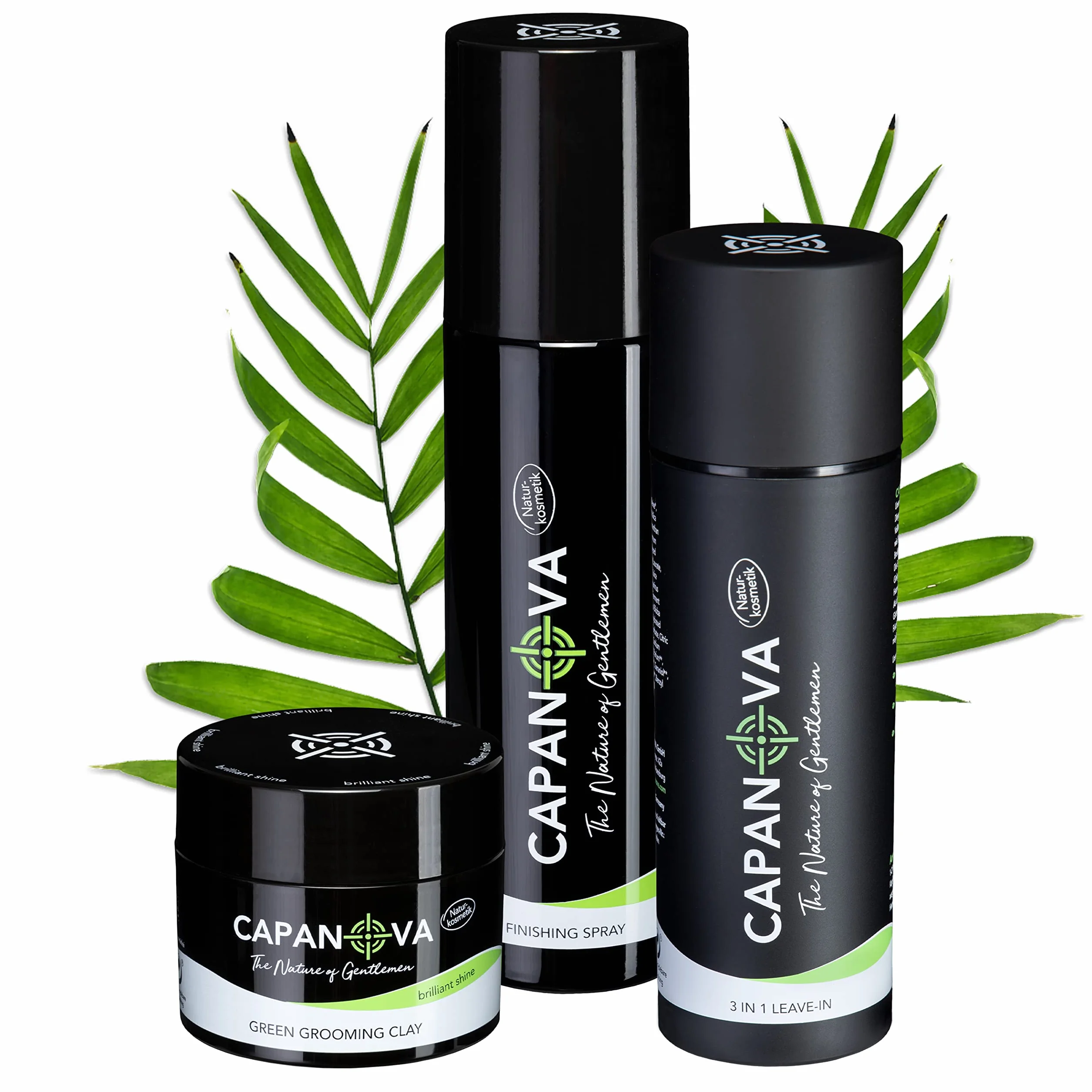 CAPANOVA błyszczący zestaw 3 szt. dla mężczyzn I naturalny kosmetyk All in One Grooming Clay (79 g), spray (200 ml) i 3 w 1 (150 ml) dla mocnego trzymania i błyszczącego wykończenia, stylizacja włosów i pielęgnacja włosów