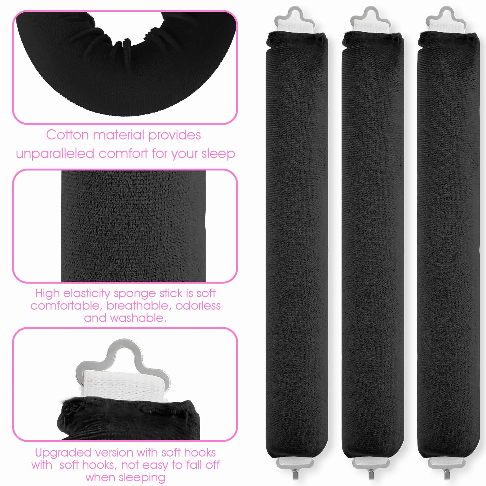 3 sztuki bezpiecznych lokówek, APLZGMG Heatless Curls Band, do użytku na noc z haczykami, lokówki bez wysokiej temperatury, dla wszystkich rodzajów włosów (czarne)