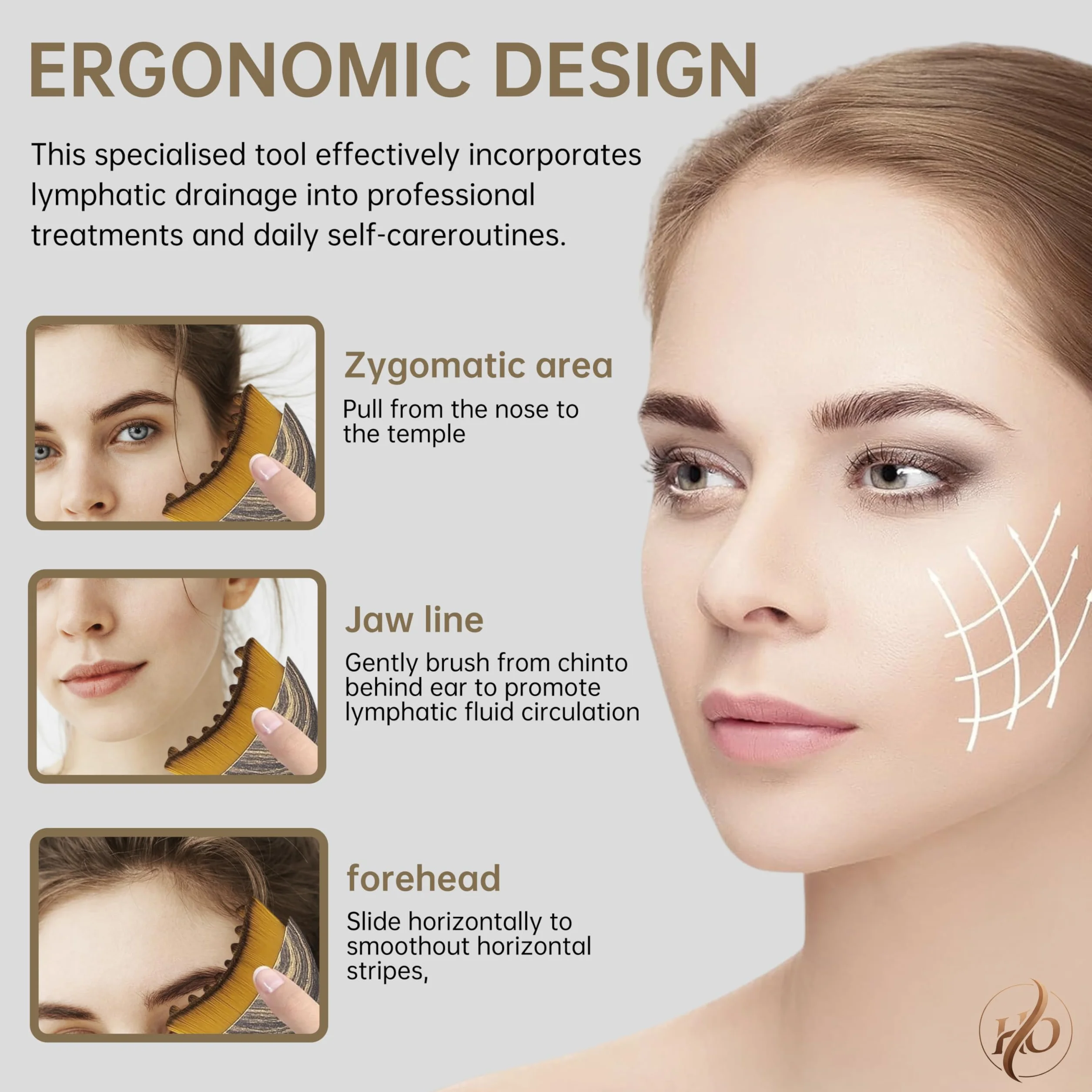 Lymphatic Contour Face Brush, Szczotka do drenażu limfatycznego twarzy, Złoto