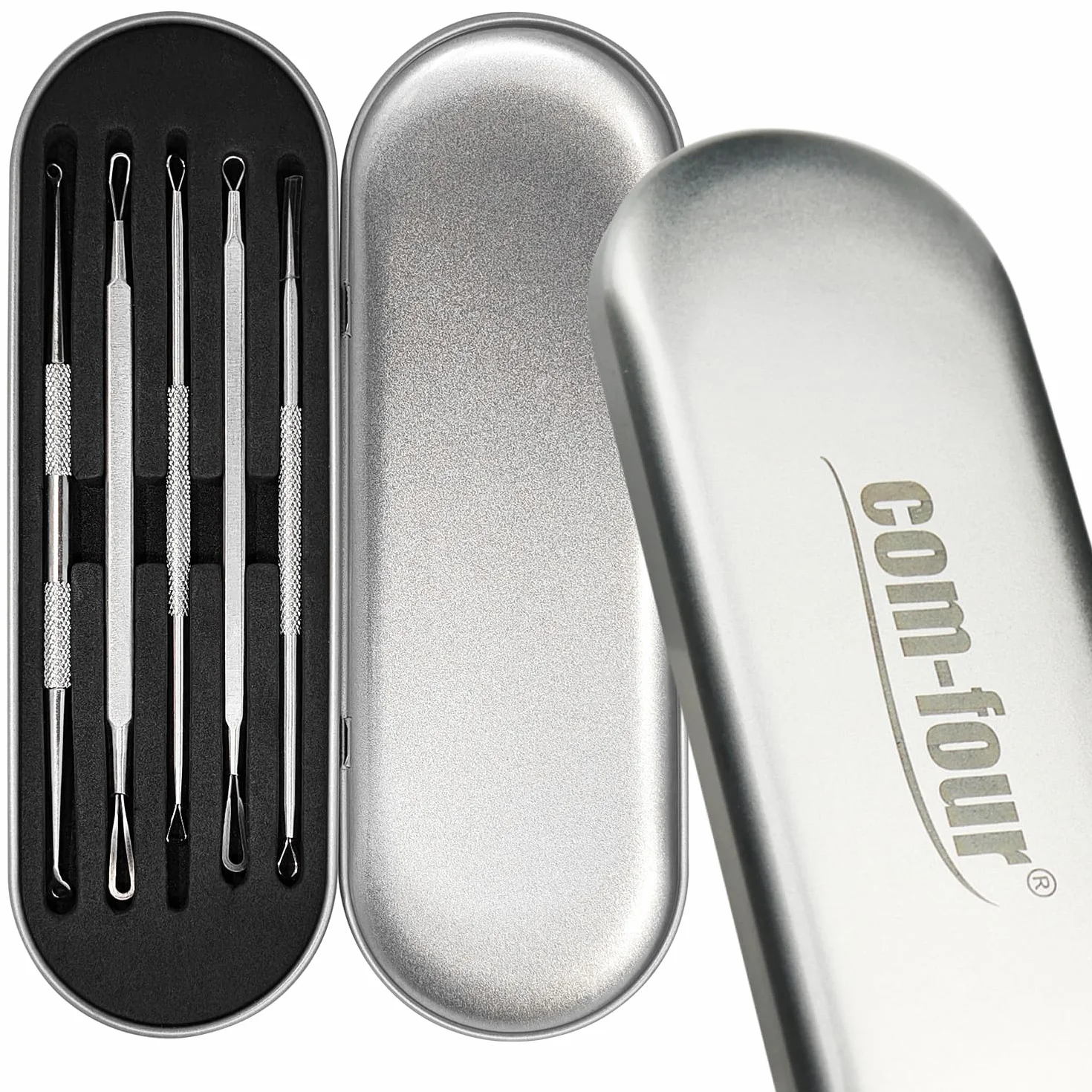 com-four® Zestaw do Usuwania Zaskórników – 5-czesciowe Narzedzia ze Stali Nierdzewnej do Oczyszczania Twarzy, Blackhead Remover – Ekstraktor Komedonów, Wyprysków i Zanieczyszczen dla Czystej Skóry