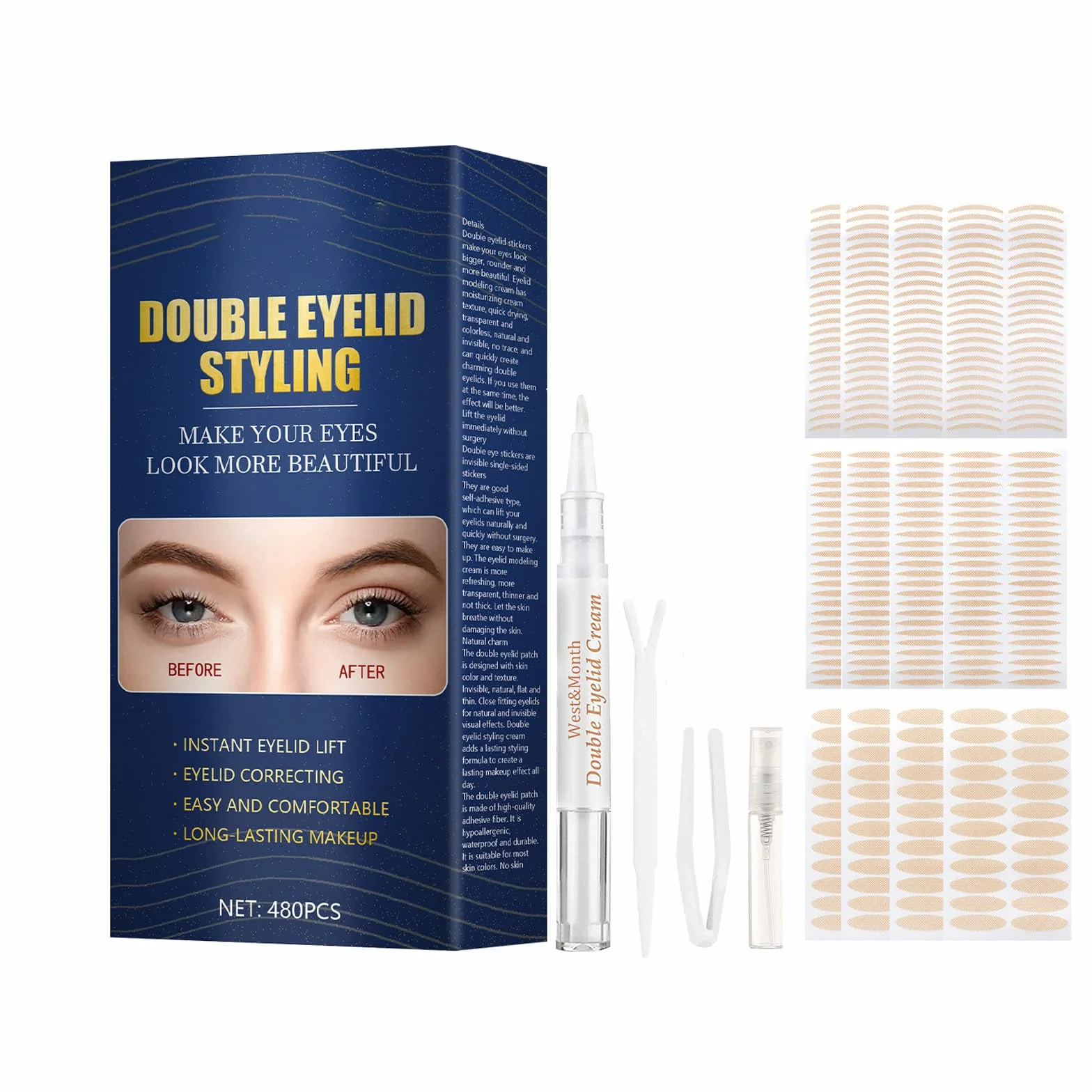 Podwójna taśma do powiek, podwójna taśma do powiek, niewidoczna taśma do powiek, eyelid glue, eyelid, idealna do Hooded, Droopy Eyelid, Uneven, Mono-powiek (480 sztuk)