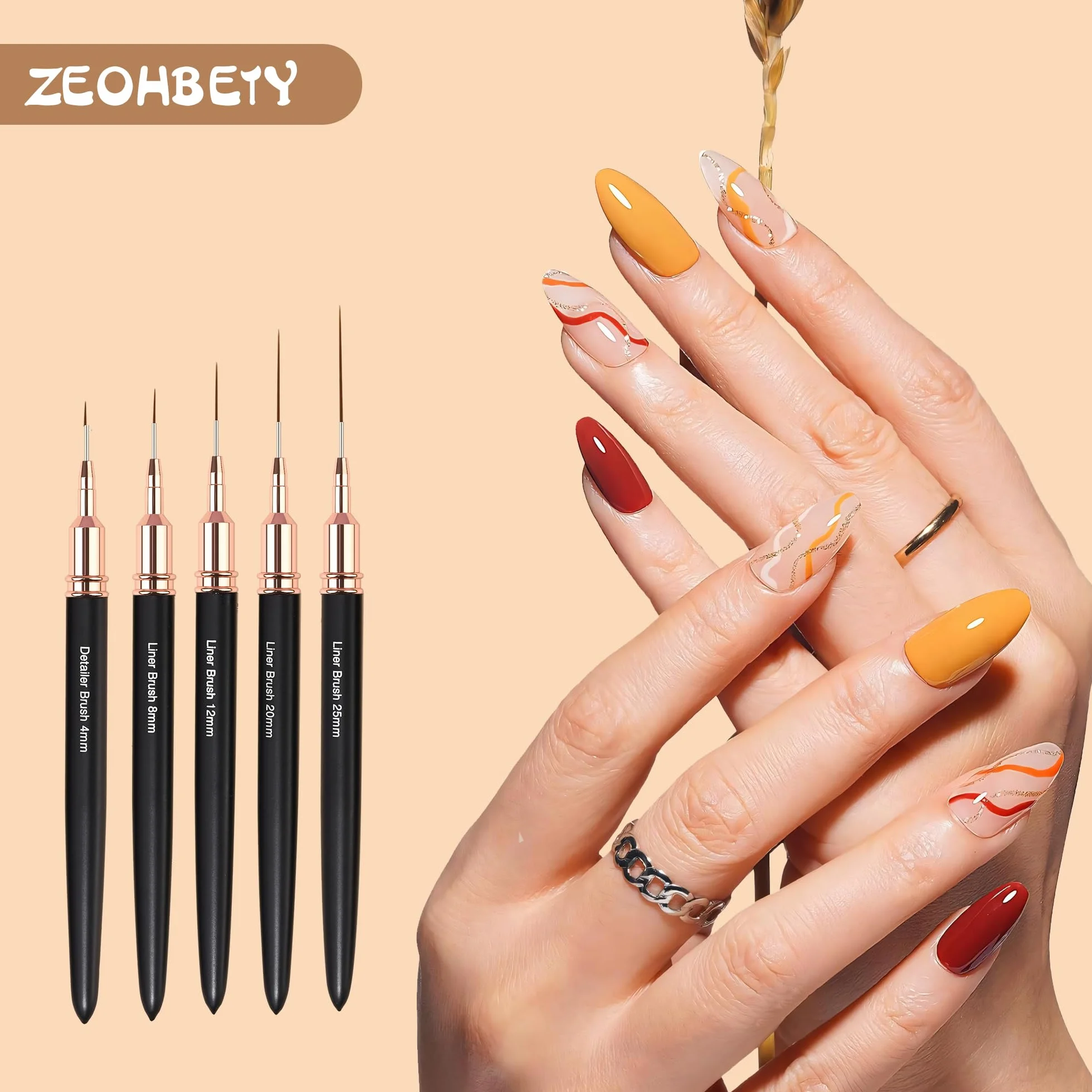 Pędzle do sztuki paznokci 5Pcs Nail Art Liner Zestaw do projektowania paznokci Czarny