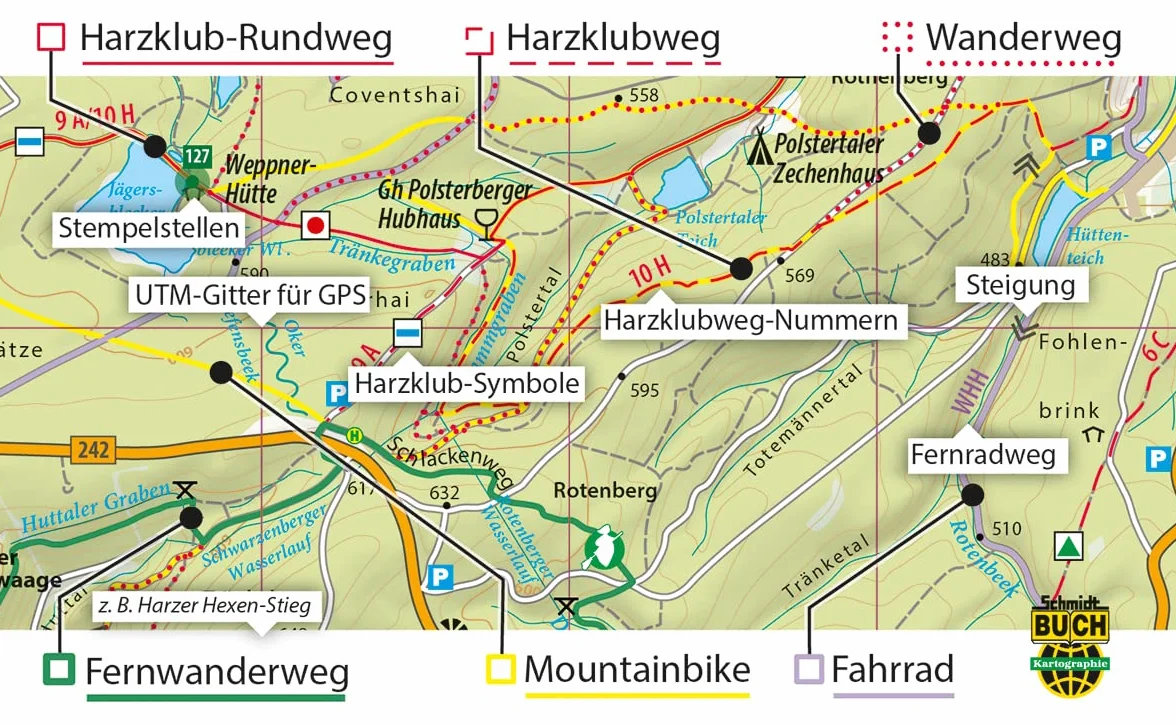 Der Harz in 4 Teilen: Oberharz . Mittlerer Harz . Südharz . Ostharz Wander- und Fahrradkarten
