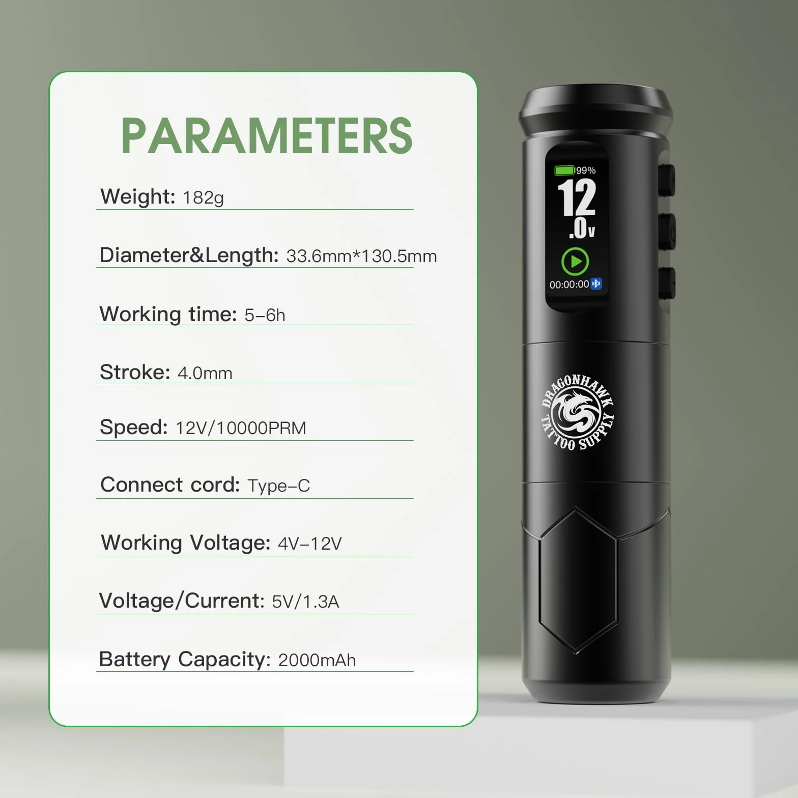 Dragonhawk A1 Pro Tattoo Kit Coreless Gun Pen Machine 4.0mm Stroke 2000mAh Battery 20 Cartridges Needles