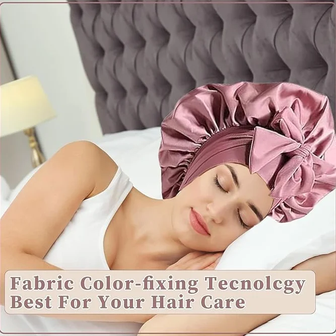 Satin Bonnet Night Sleep Cap, dwustronny jedwabny kaptur do spania, regulowana jedwabna czapka, jedwabne loki, oddychająca jedwabna czapka do spania dla kobiet, kręcone, długie włosy, różowa, Rosa, 60