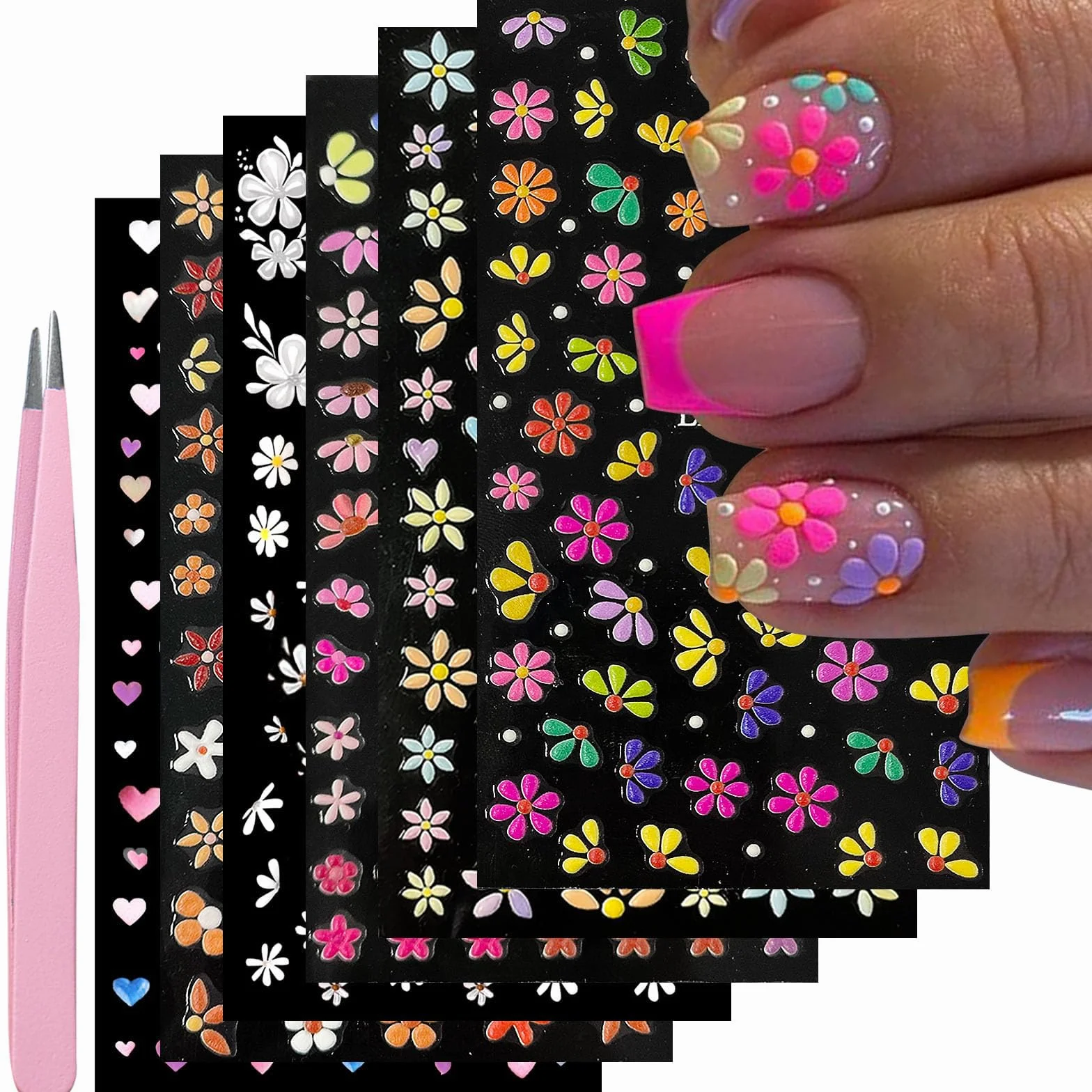 VelvetGlow Nail Art naklejka 5D drukowane kolorowe kwiaty naklejki na paznokcie samoprzylepne wiosna lato serce stokrotka akcesoria do paznokci 3D projekt paznokci dla kobiet dekoracja paznokci