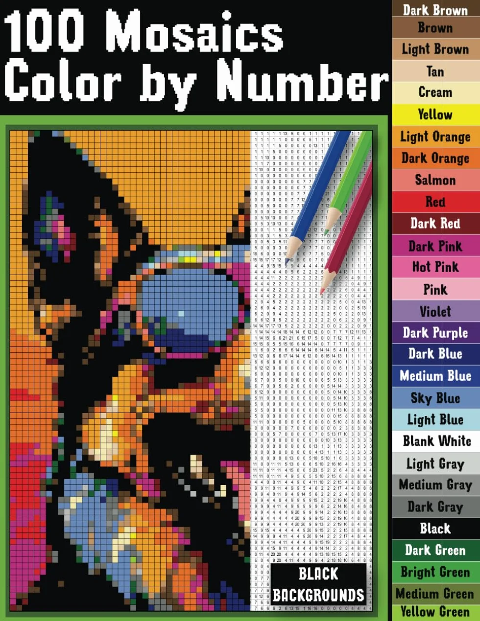 100 Mosaics Color by Number: Easy and Simple Color Quest Designs for Relaxation | Pixel Art Coloring Book for Adults | Stress Relief With Black Background.