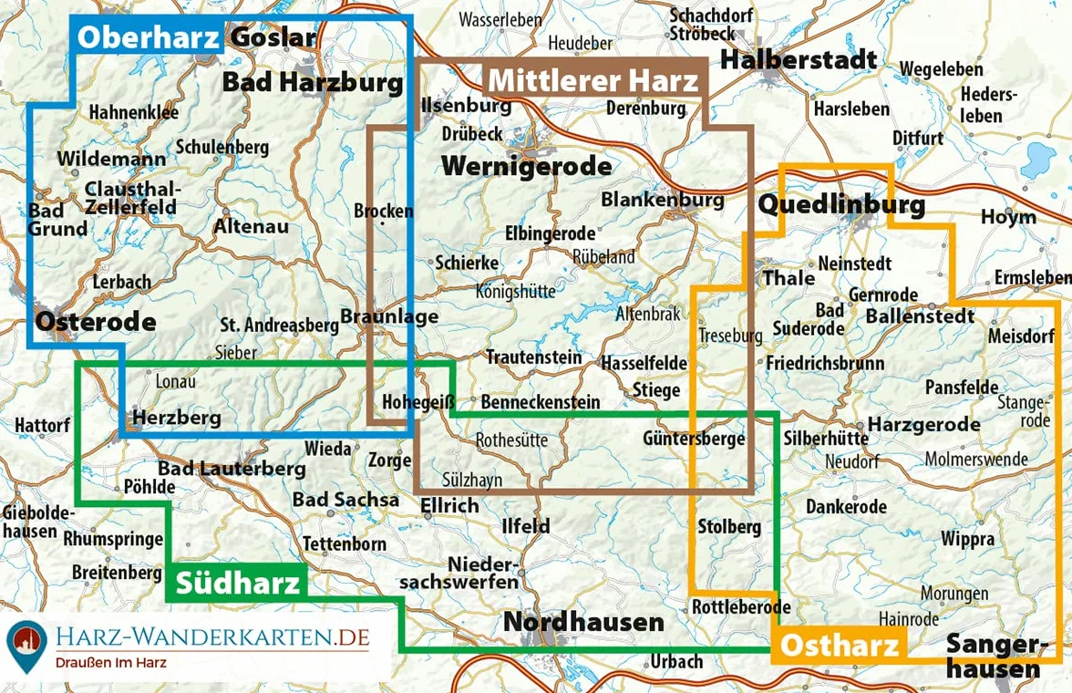 Der Harz in 4 Teilen: Oberharz . Mittlerer Harz . Südharz . Ostharz Wander- und Fahrradkarten