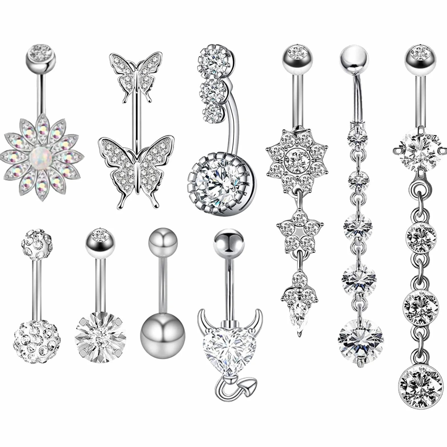 JSTHHTT 10 sztuk kolczyków do pępka dla kobiet w ciąży, piercing do pępka, motyl serce kwiat, zawieszka do pępka, biżuteria damska, piercing do pępka, zestaw, NO