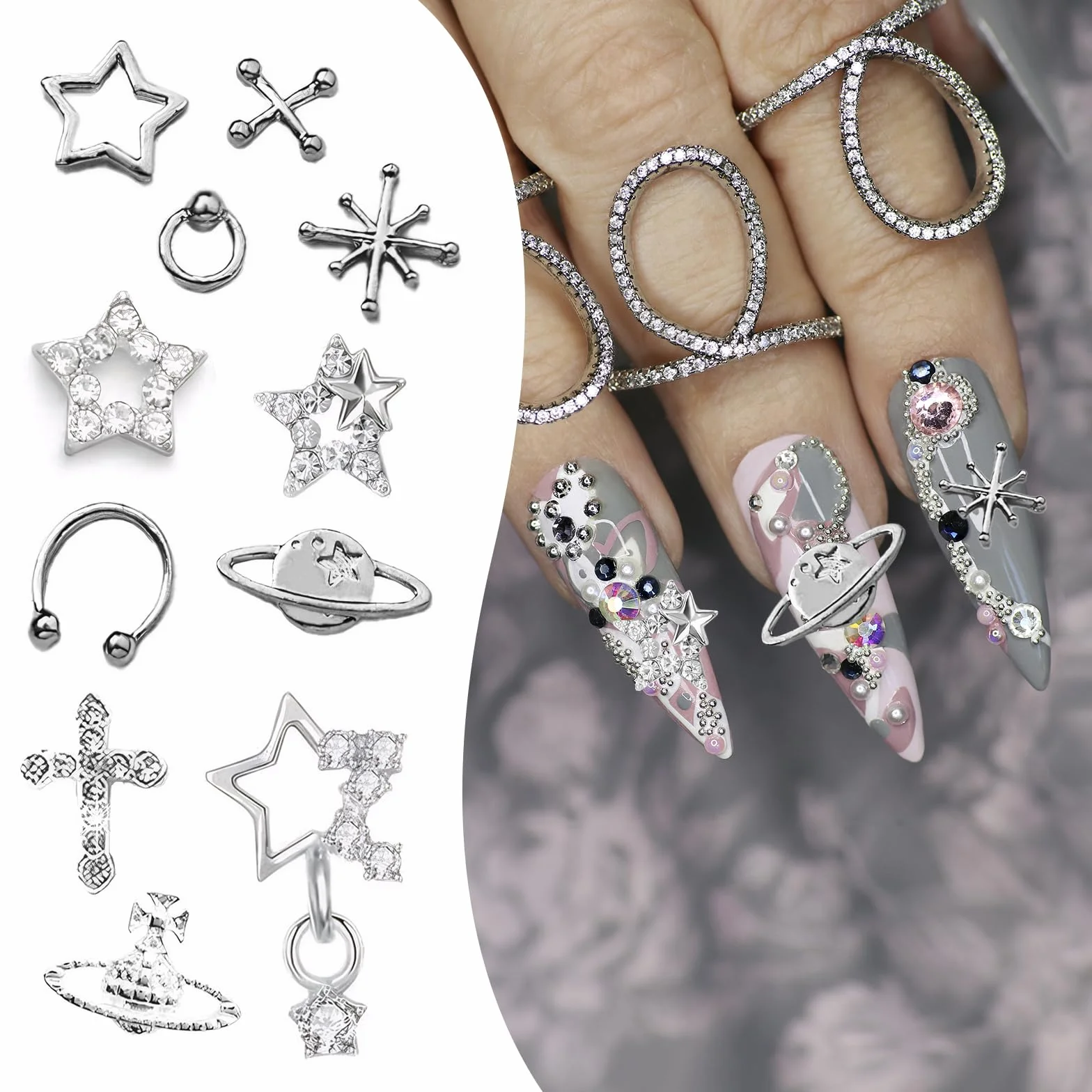 Charms do paznokci 110 sztuk Charms na paznokcie 3D srebrne Charms do paznokci W zestawie znajduje się 1 szczypce Dekoracje do paznokci Dostępne w 11 różnych stylach Nadaje się do dekoracji paznokci