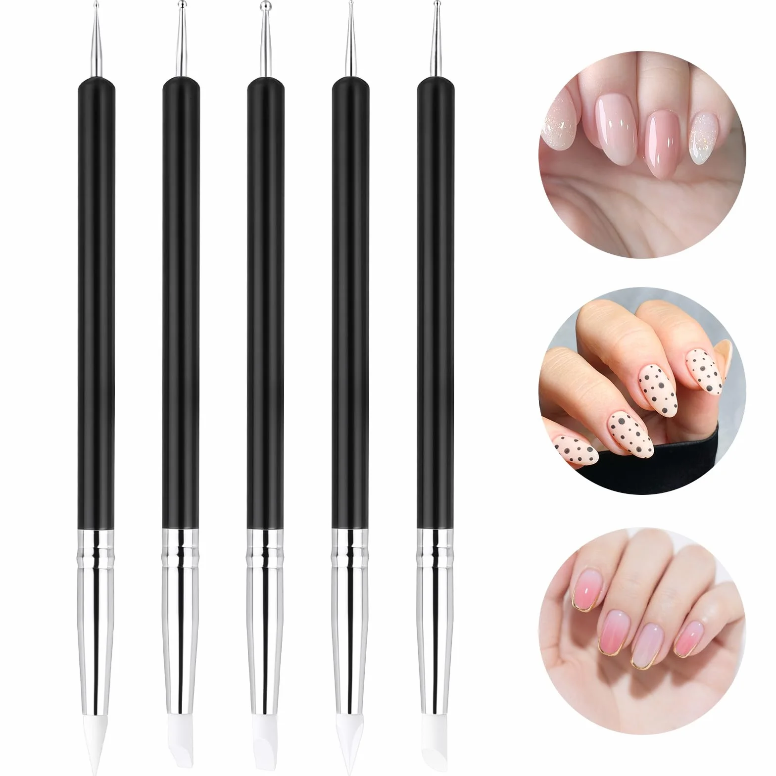 5 szt. Pióro do Rzeźbienia Nail Art, Silikonowe Narzędzia do Paznokci z Podwójną Końcówką, Narzędzie do Kropkowania z Podwójnym Końcem, Pióro do Rzeźbienia Lakieru do Paznokci z Kryształkami