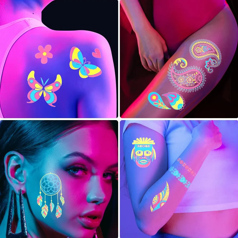 ACWOO Neonowe tatuaże tymczasowe, 20 szt., 200 + wiele wzorów, świecące w ciemności, sztuczne wodoodporne naklejki tatuażowe, akcesoria na festiwal rave, akcesoria dla kobiet, dziewcząt, artykuły