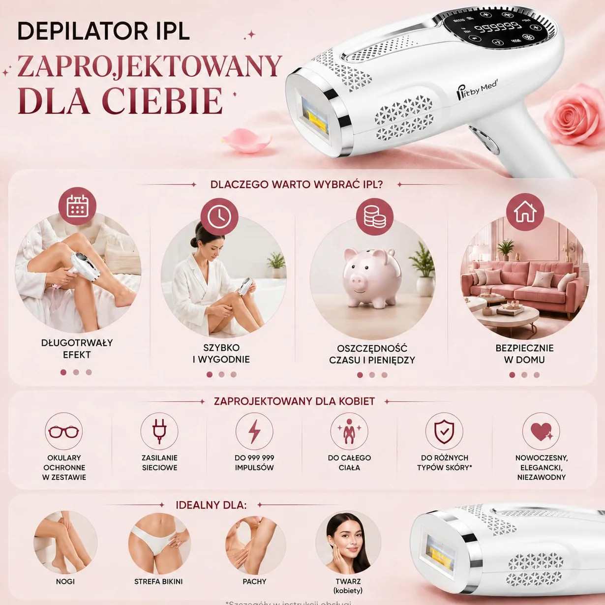 Depilator IPL Ice Cool z Chłodzeniem – 1 000 000 Impulsów, 9 Poziomów Mocy, Tryb AUTO, Czujnik Skóry – Biały FitbyMed