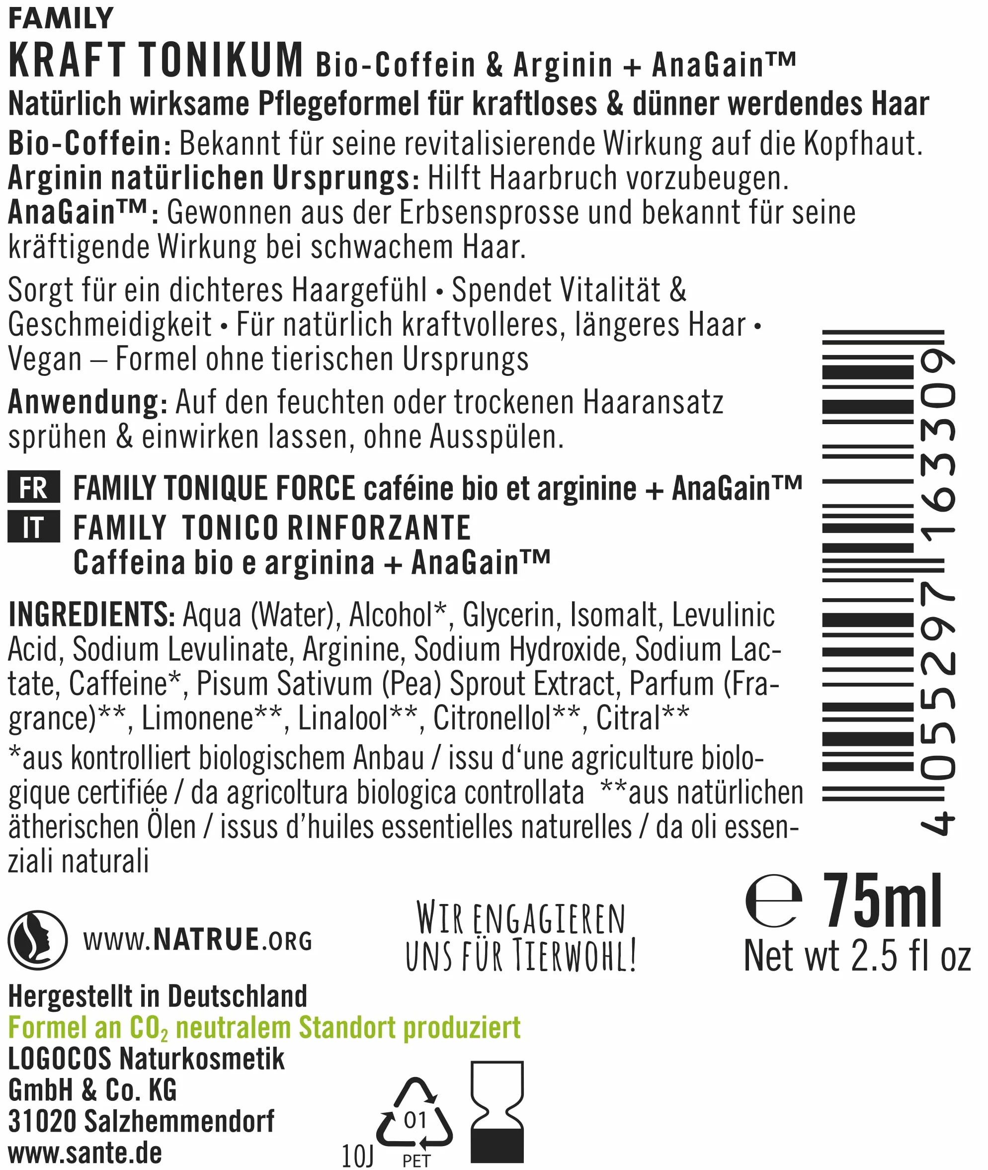 SANTE Naturkosmetik Wzmacniający spray przeciw wypadaniu włosów, zabieg skóry głowy dla zdrowych i pełnych włosów, z biokofeiną, argininą i angininą, tonikiem do włosów, 1 x 75 ml